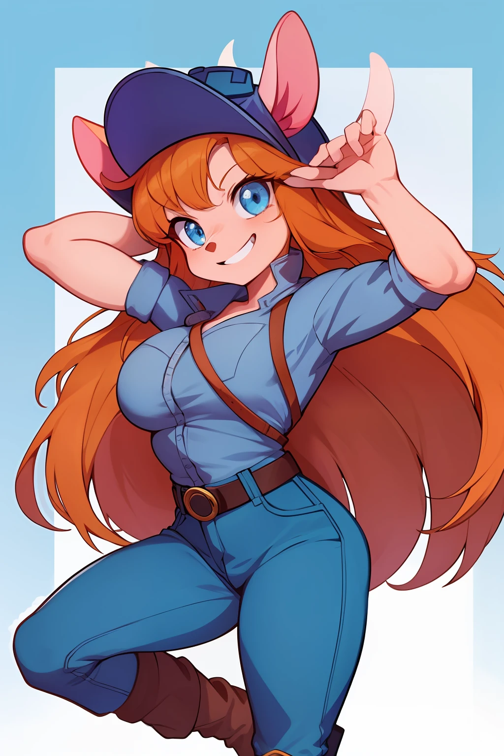 gadget_hackwrench, tiro de cowboy, sorriso, solo, Denim Jeans Pants, botas altas, jaqueta pequena, (alta qualidade: 1.2), obra-prima, detalhado, highres, 4k, foco nítido, estilo simples, desenho animado, [[anime]]