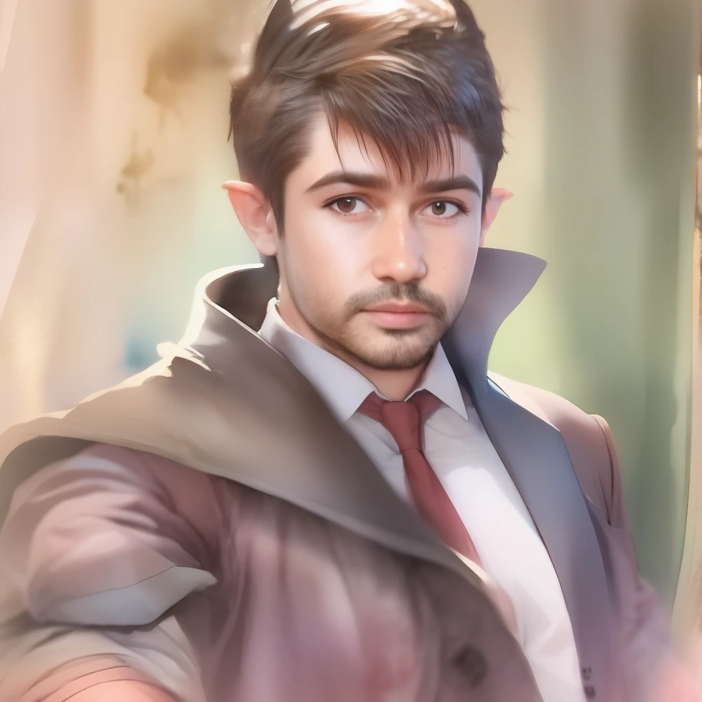 A watercolor and pencil drawing of a man in a 31-year-old Batman outfit with short dark brown hair, rosto sexy, olhos castanhos, barba aparada, corpo inteiro, corpo magro em forma, cores frias, fundo noite com lua cheia