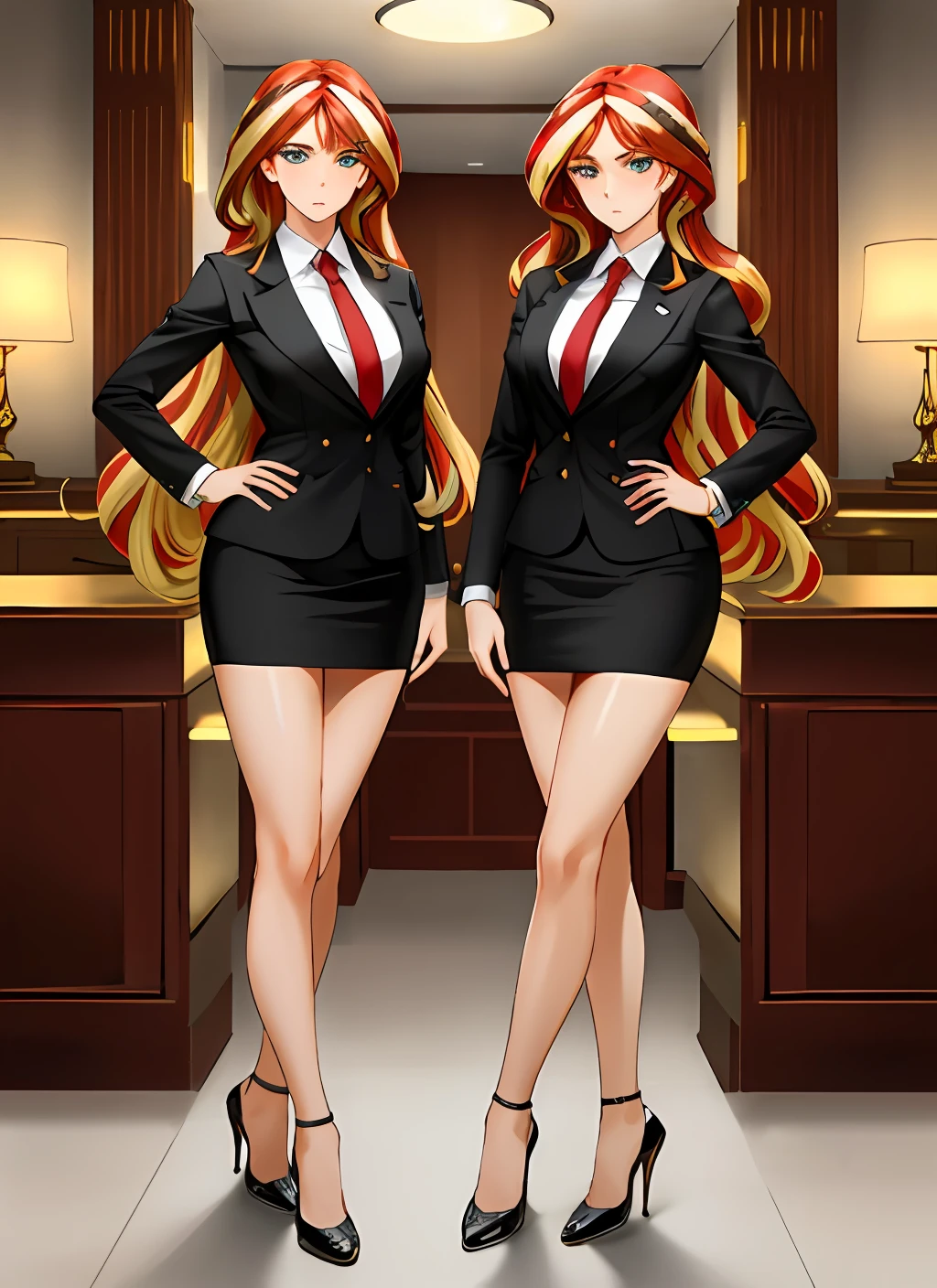 ((best quality)), ((highly detailed)), masterpiece, (detailed eyes, deep eyes), (2girls, duo, identical twins, clones, doppelganger), cowboy shot, SunsetHuman, (multicolored hair, (two-tone hair:1.1), red and blonde hair), BREAK, aqua eyes, skirt suit, pencil skirt, tight skirt, bare legs, high heels, same color skirt suit, full body, highly detailed faces, highly detailed bodies