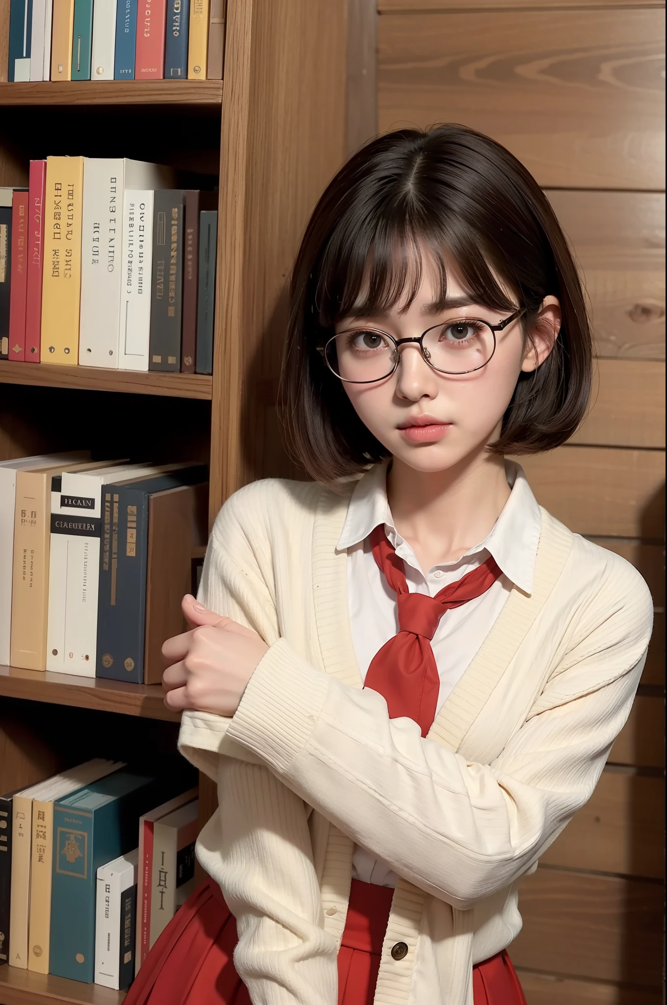 Photo Real、photoRealstic　Dark hair、Short hair、Curled Hair、bangss　drooing eyes、with round face、The contours of the face are round、Plump cheeks、small mouth　eye glasses、Round glasses、Big glasses、Black-rimmed glasses、校服、White shirt、Red tie、Beige cardigan、Red skirt　hi-school girl、sixteen years old、Soft thighs　Faces close、Face Close-up、Staring at this、Grab the chest area with clothes、Leaning against the bookshelf、Blushing　Background with、bookcase、Timber wall、wood floor、Dark place