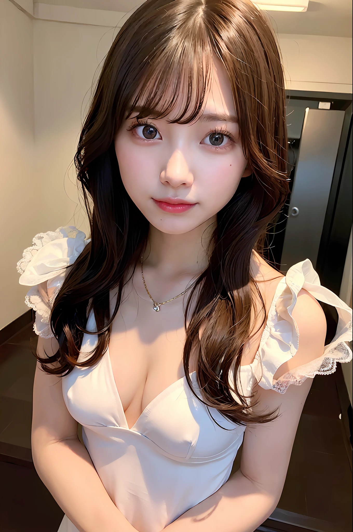 masterpiece、masterpiece、top-quality、top-quality、realisitic、Unity、8k wallpaper、Official art、Highly detailed CG Unity 8k wallpaper、ulzzang-6500、(Original: 1.2)、(realisitic: 1.4)、ultra-detailliert、hight resolution、ultra-detailliert,magnifica, finely detail, lighting like a movie, (1girl in:1.4 ), (Brownish|A dark-haired:1.4), Medium Hair, (real looking skin:1.2), (light brown-skinned:1.2),(small ), Beautiful Girl Beautiful Details、extremely detailed eye and face、Eyes with beautiful details、huge filesize、ultra detailed and beautiful、red blush、embarrassed from、(laughingly:1.2)、Black eyes、model shoot tyle、full body photographed、(White lace underwear) )、耳Nipple Ring、Chain Necklace、Loft Apartment、livingroom、(Almost empty room)、