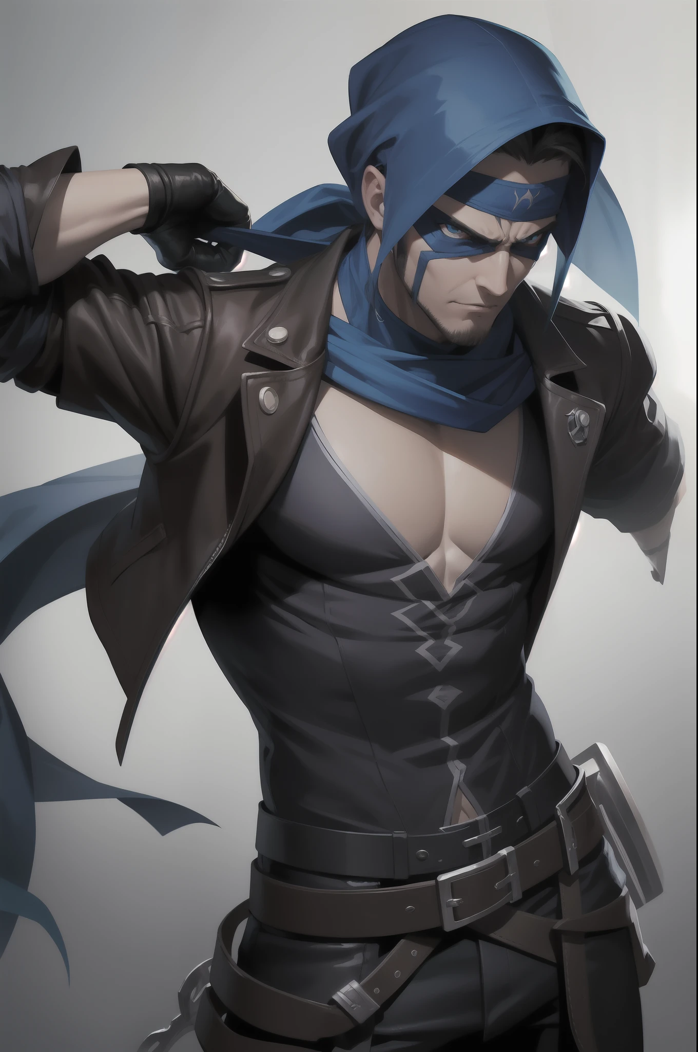 rogue with bandana on his head, camisa completa, camisa azul escuro, grant castlevania, shirt covering chest completely, Evil look, biker mask,
