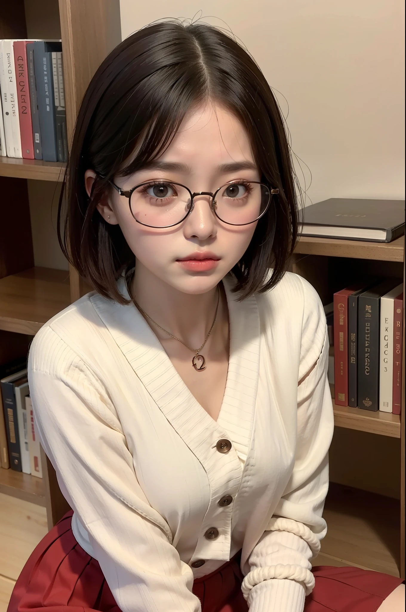 Photo Real、photoRealstic Dark hair、Short hair、Curled Hair、bangss drooing eyes、with round face、The contours of the face are round、Plump cheeks、small mouth eye glasses、Round glasses、Big glasses、Black-rimmed glasses、校服、White shirt、Red tie、Beige cardigan、Red skirt hi-school girl、sixteen years old、Soft thighs Faces close、Face Close-up、Staring at this、Grab the chest area with clothes、Leaning against the bookshelf、Blushing Background with、bookcase、Timber wall、wood floor、Dark place