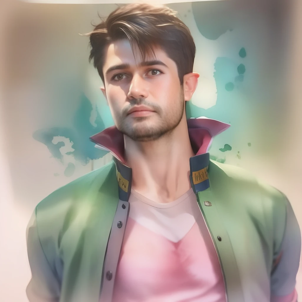 A watercolor and pencil drawing of a man in a 31-year-old Batman outfit with short dark brown hair, rosto sexy, olhos castanhos, barba aparada, corpo inteiro, corpo magro em forma, cores frias, fundo noite com lua cheia