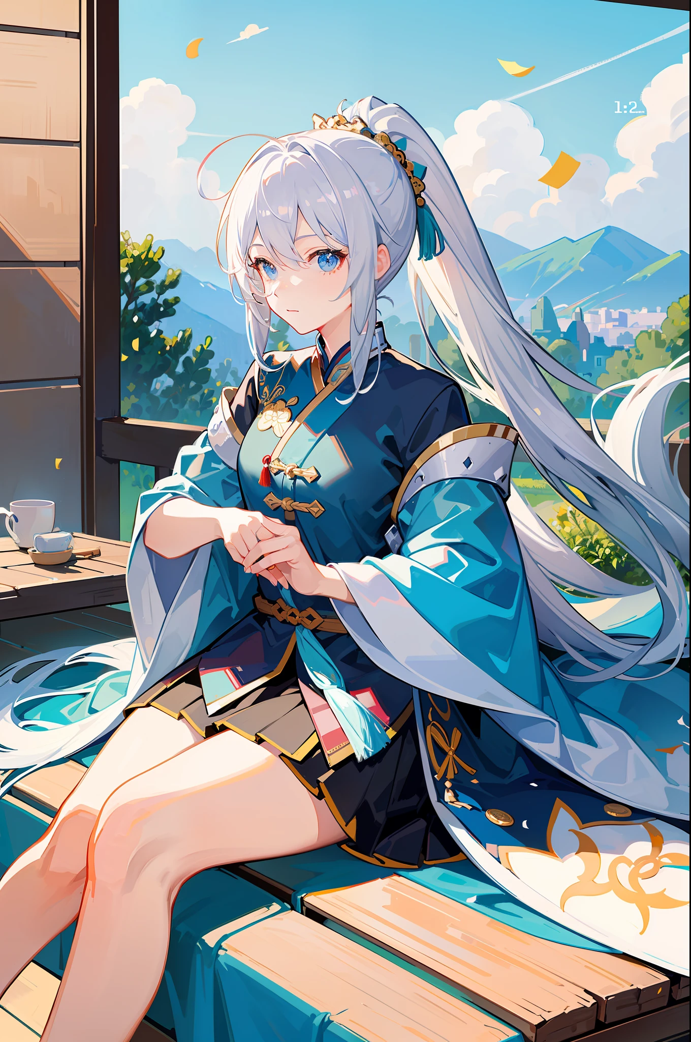 , (Masterpiece: 1.2, High Quality), Ultra High Quality, 8K, Scattering Confetti, (pixiv: 1.4), Gombi painting of the Song Dynasty, (Silver ponytail)