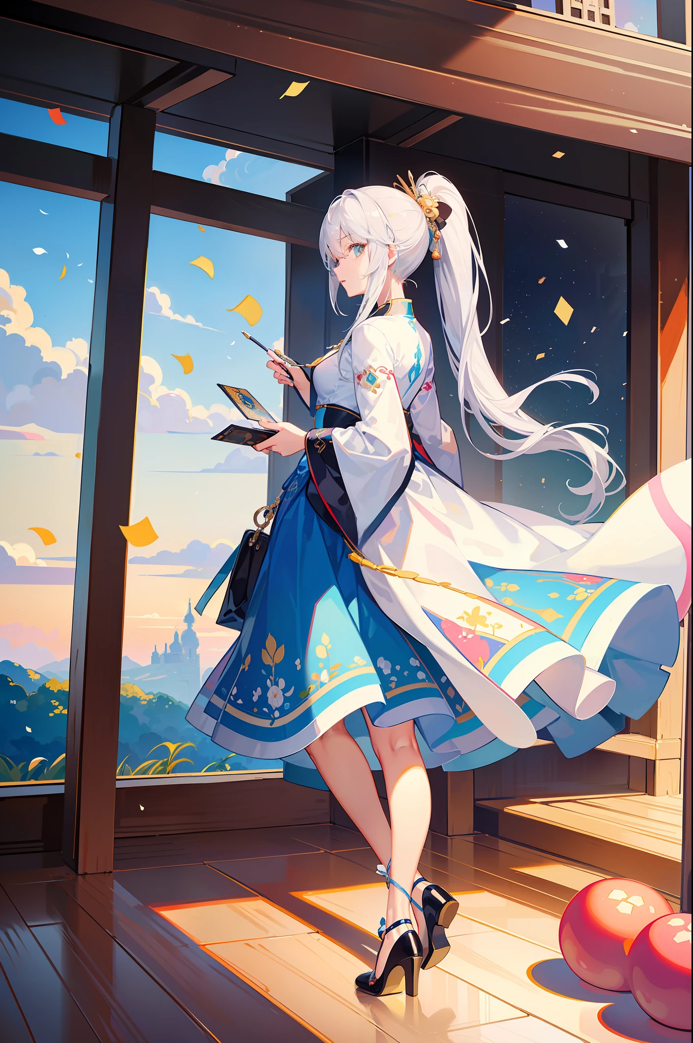 , (Masterpiece: 1.2, High Quality), Ultra High Quality, 8K, Scattering Confetti, (pixiv: 1.4), Gombi painting of the Song Dynasty, (Silver ponytail)