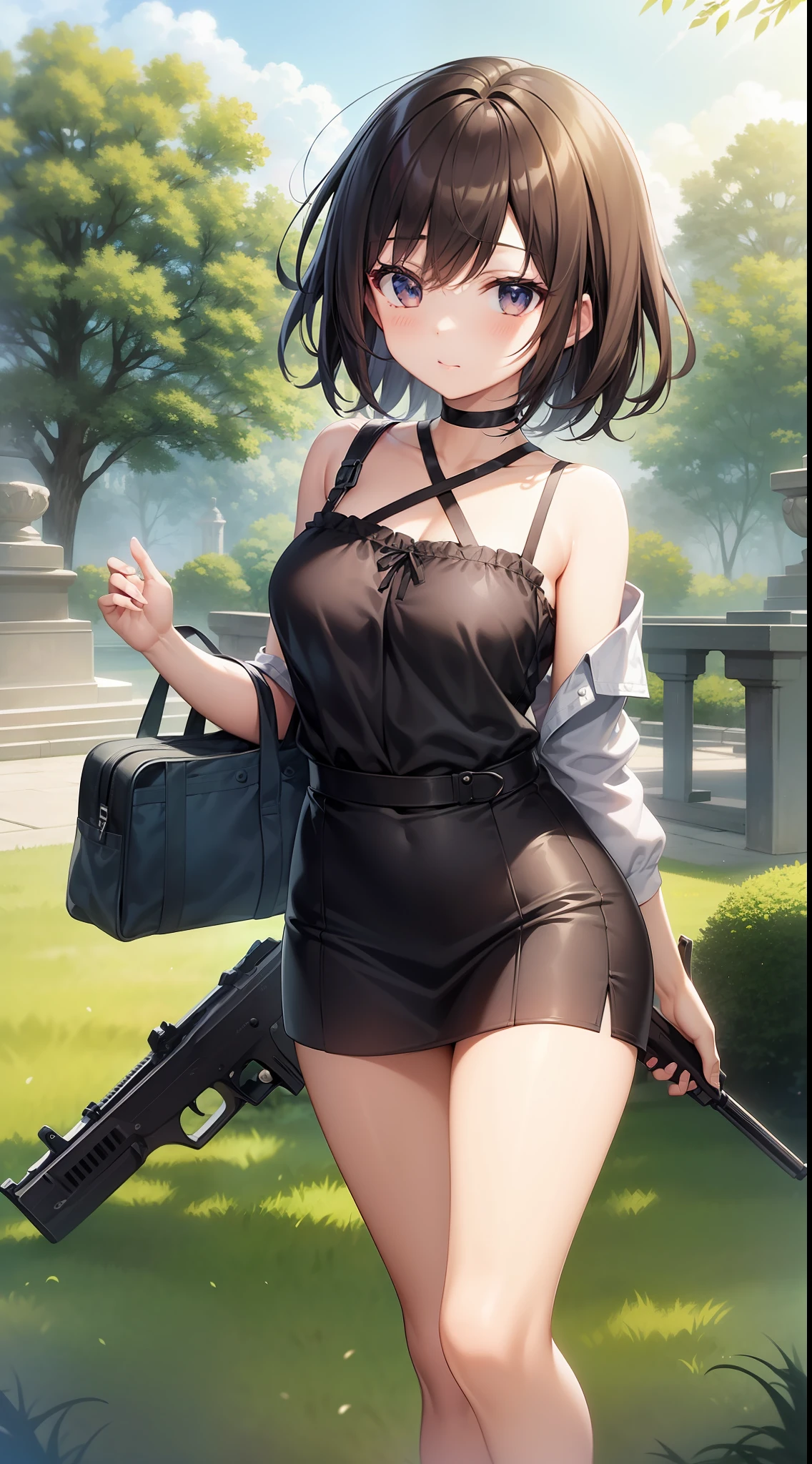 Masterpiece、hight resolution、1girl in、a miniskirt、Military、firearm、survival、Cute anime illustration、