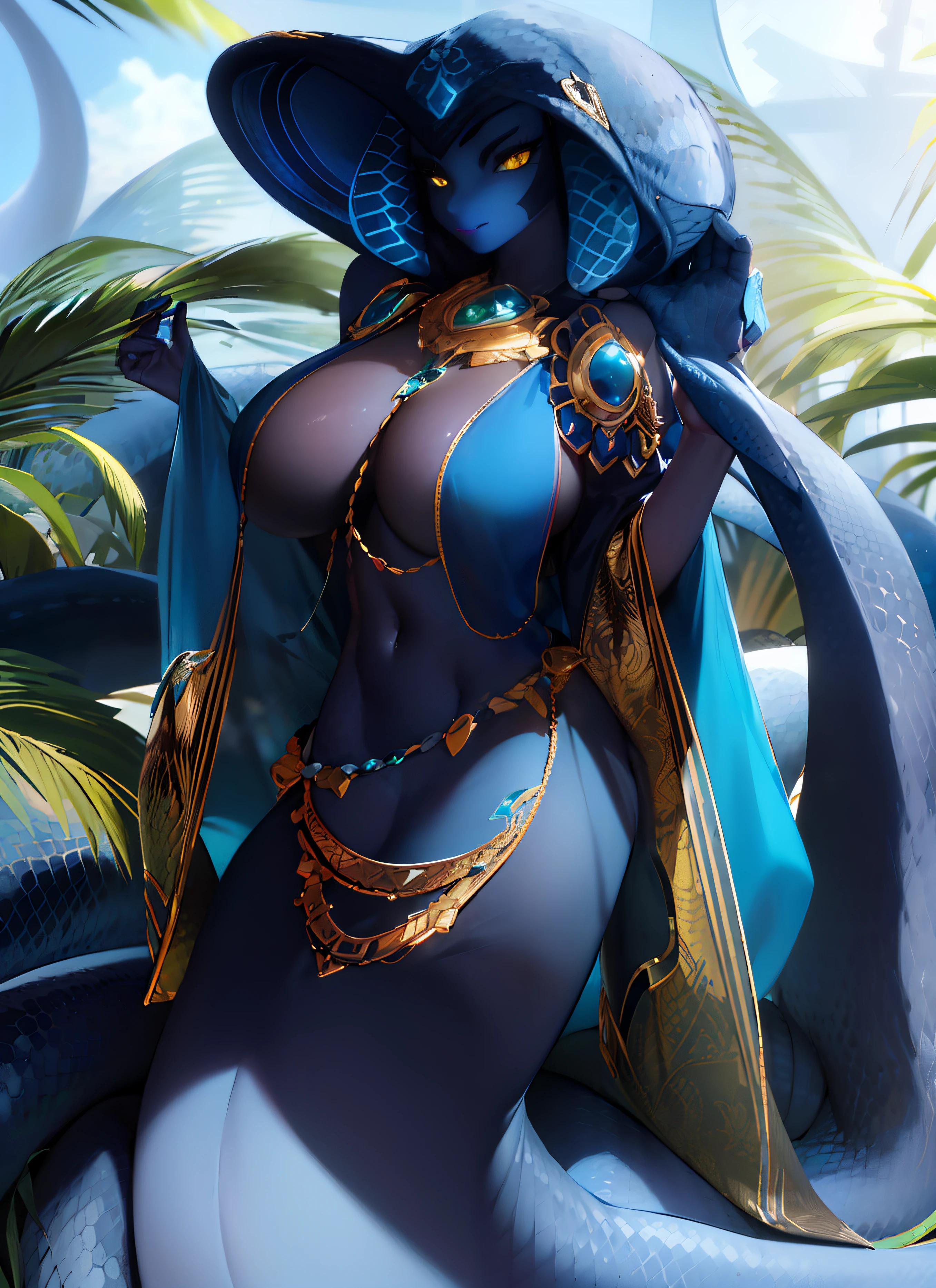 large eyes, anthro, snake hood, ((solo)), beautiful scene of an (furrycobra snake), posing, forked tongue, blue skin, dark blue scales, naga ((detailed face, detailed big clear eyes)), natural soft lighting, 8k, seductive, summer , peaceful , hires, Golden jewerly, full body picture, yellow eyes , golden halo