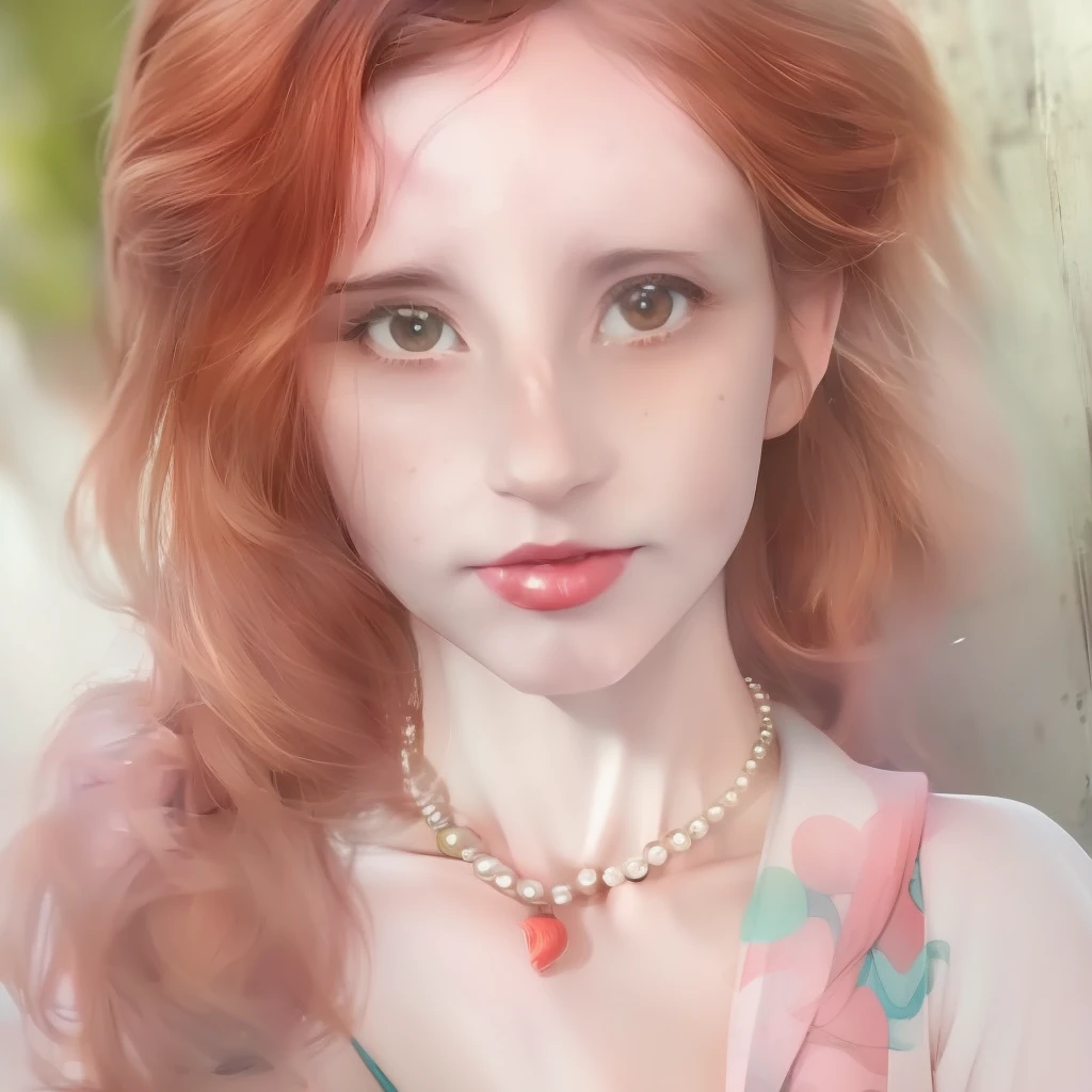 A watercolor and pencil drawing of a beautiful 26-year-old princess with wavy dark red hair, delicate lips, olhos cor de mel, coroa dourada, beautiful pearl necklace, rosto bonito,rosto sexy, poros na pele, rosto detalhado, corpo magro em forma, cores frias, (rosto LiliArt)