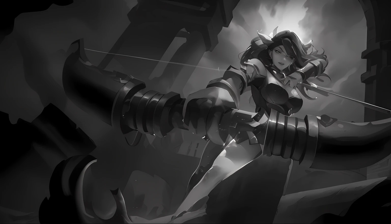 a black and white photo of a woman with a bow, iconic character splash art, zenra taliyah, taliyah, splash art, character splash art, official splash art, brigitte, senna from league of legends, league of legends concept art, youthful taliyah, league of legends style art, leblanc, league of legends character art, samira from league of legends