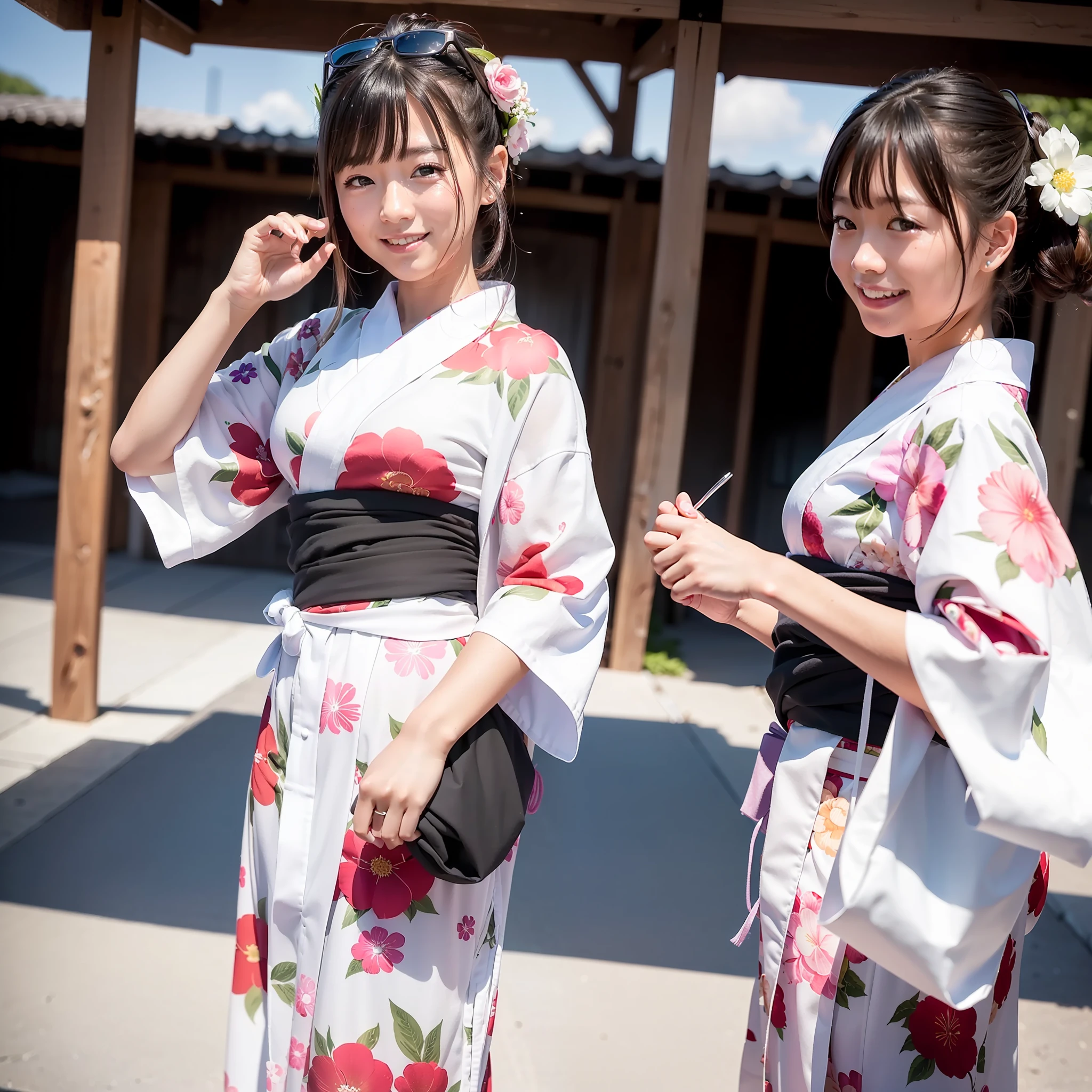 (in 8K、Raw photography、top-quality、masterpiece:1.2)、ultra-detailliert、Background of the festival venue、Live-action girls、Smiling girls in Japan enjoying the festival in yukata、