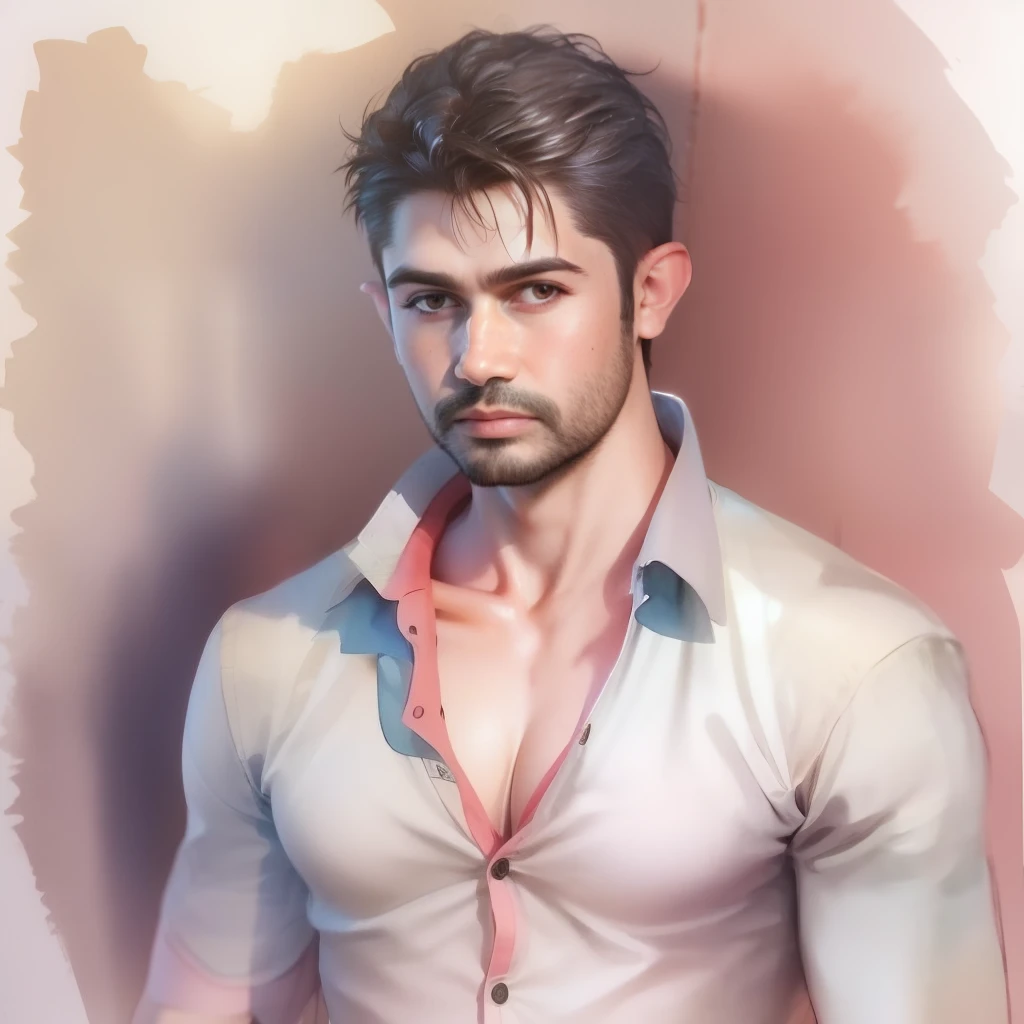 A watercolor and pencil drawing of a 31-year-old standing vampire with short dark brown hair, rosto sexy, olhos castanhos, barba aparada, corpo inteiro, corpo magro em forma, cores frias, lua cheia ao fundo