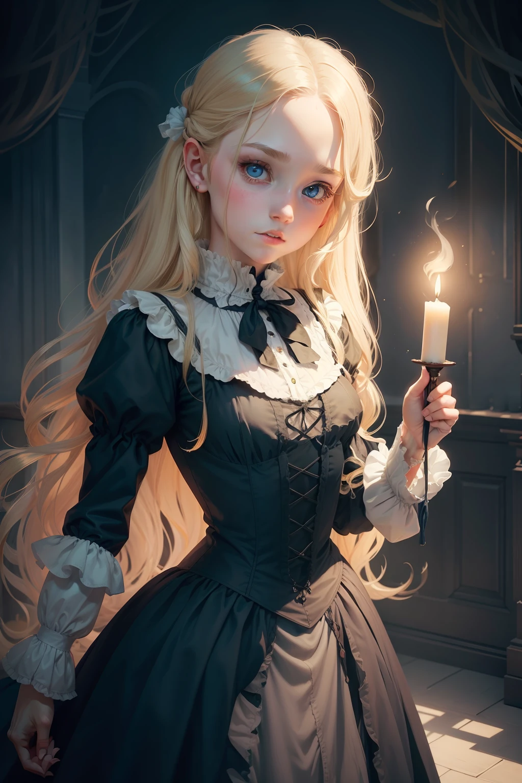 draw victorian horror fantasy, skinny sexy ars old Virginia Otis cute face f long blond hair and blu eyes youngest cute face, pursued by the canterville ghost, she draws the ghost as a very thin old man by Touko