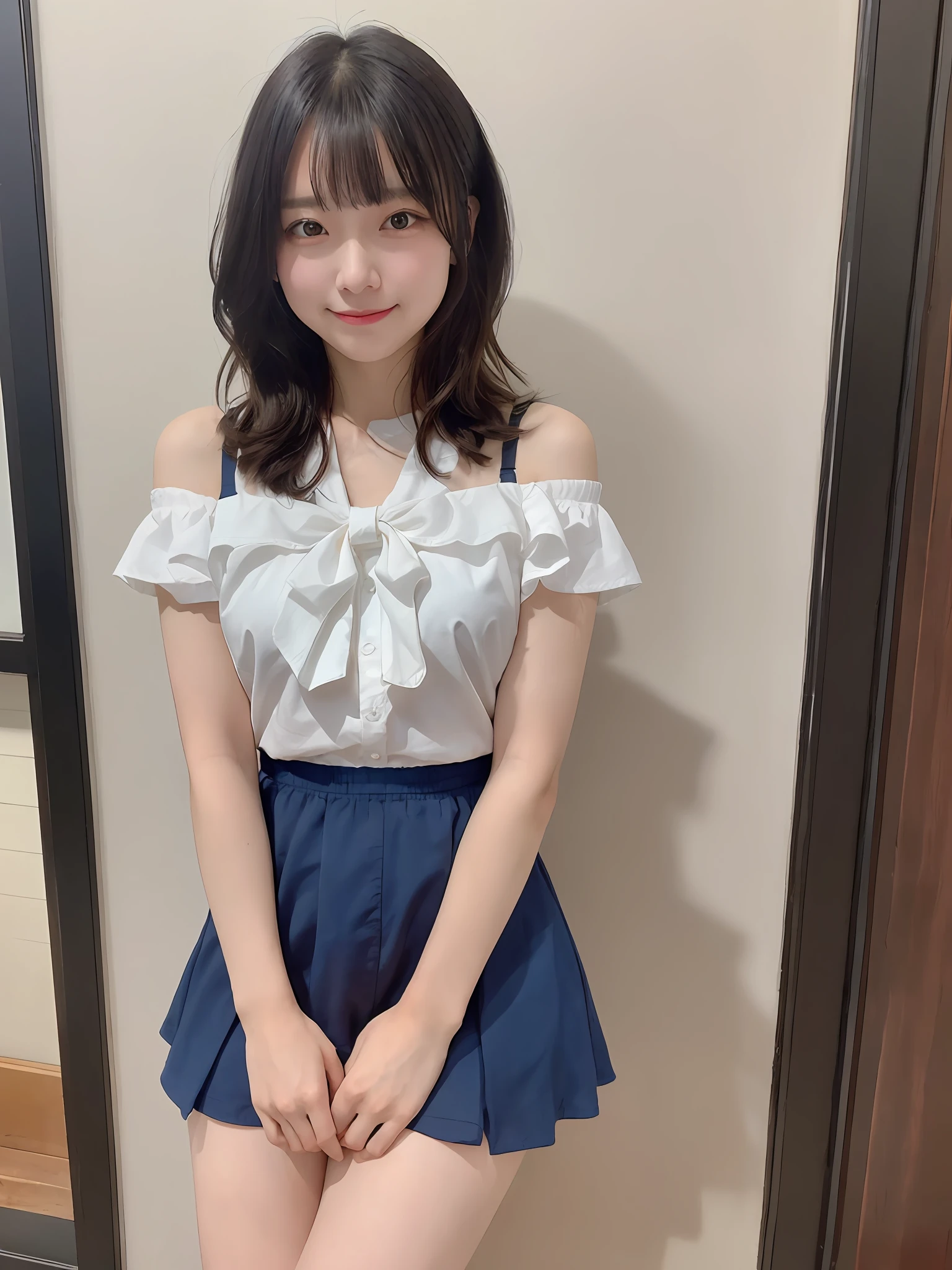 (top-quality、masterpiece:1.5)、(Photo Real、intricate-detail:1.2)、Ultra-high resolution
1 girl、22-year-old girl、yandere、A dark-haired、Semi-long、bow ribbon、
off shoulder t-shirt、Sheer shirt、Bra mini skirt 15cm above the knee、
A smile、
Slim waist、Slim Leg、Long leg、
slender and very slender body,,sexy pantie、Panty Chiller Show、
shinny skin、Authentic skin texture、
natural soft light、The best lighting、细致背景、detailed shadow、foco nítido、
saturated、highly contrast、Strong light and shadow