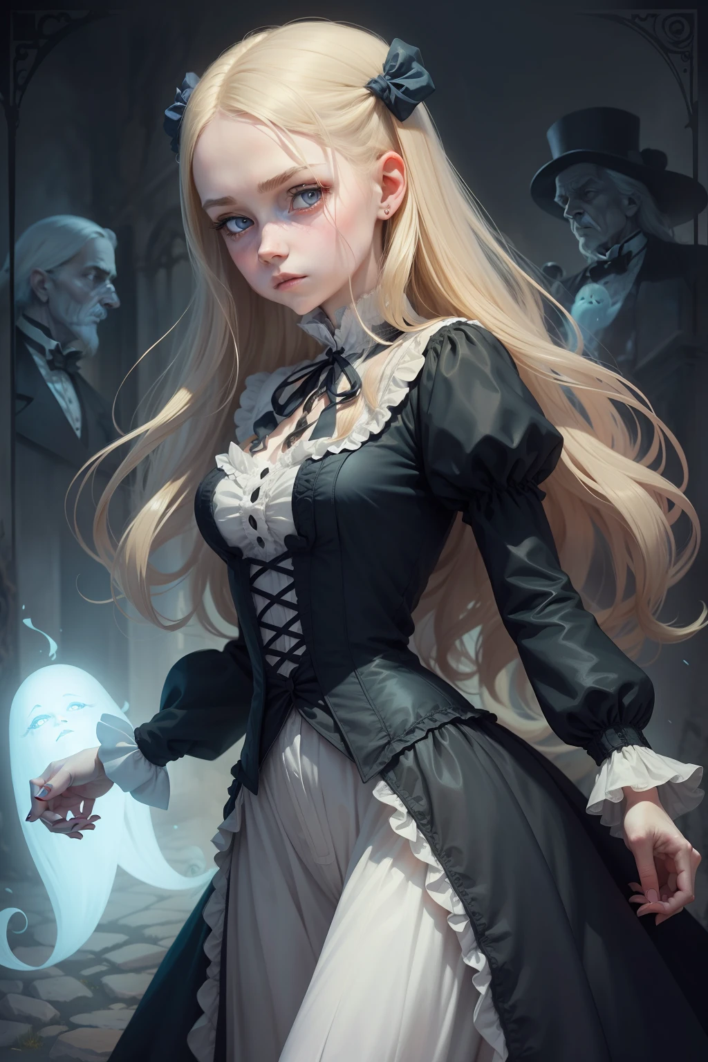 draw victorian horror fantasy, skinny sexy ars old Virginia Otis cute face f long blond hair and blu eyes youngest cute face, pursued by the canterville ghost, she draws the ghost as a very thin old man by Touko