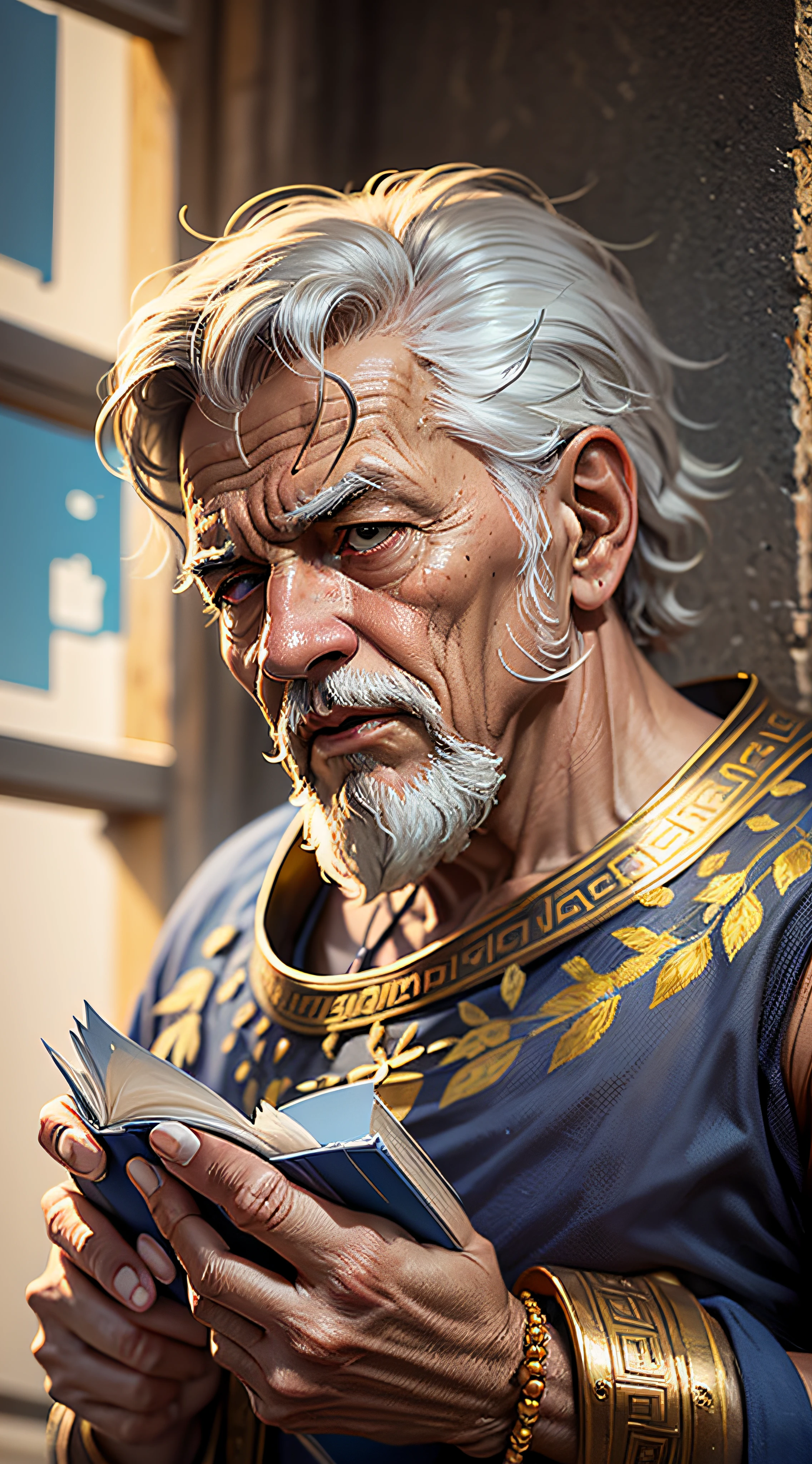Plato Greek philosopher, vicissitudes, pele bronzeada, wise, wise old man, real, vestido, segurando um livro, olhando para frente, para a frente, UHD, hiper realista