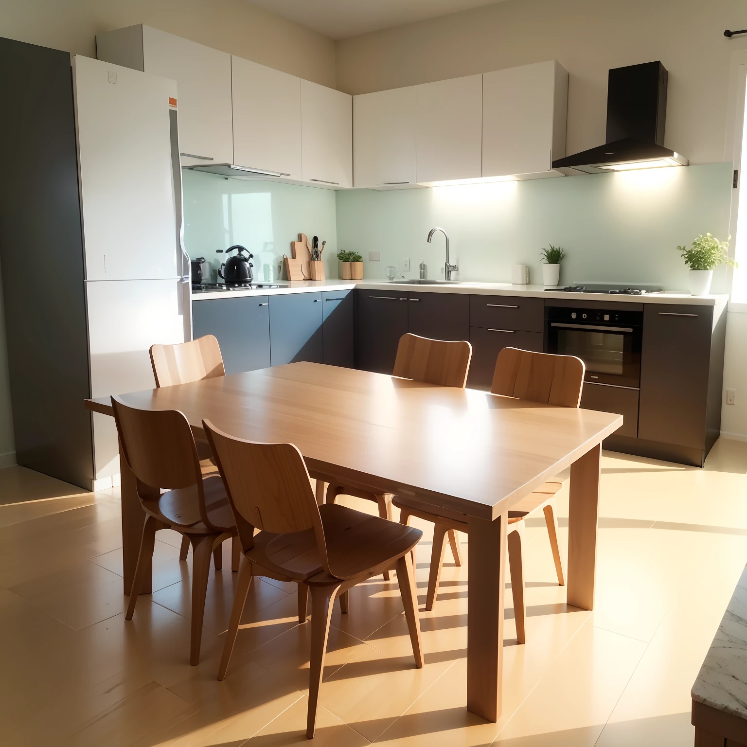 Obra-prima, alta qualidade, melhor qualidade, super detalhe, minimalismo, interior, cozinha moderna, ármario, mesa, 4 cadeiras em MDF na cor Ovo Original, /(moderno/)