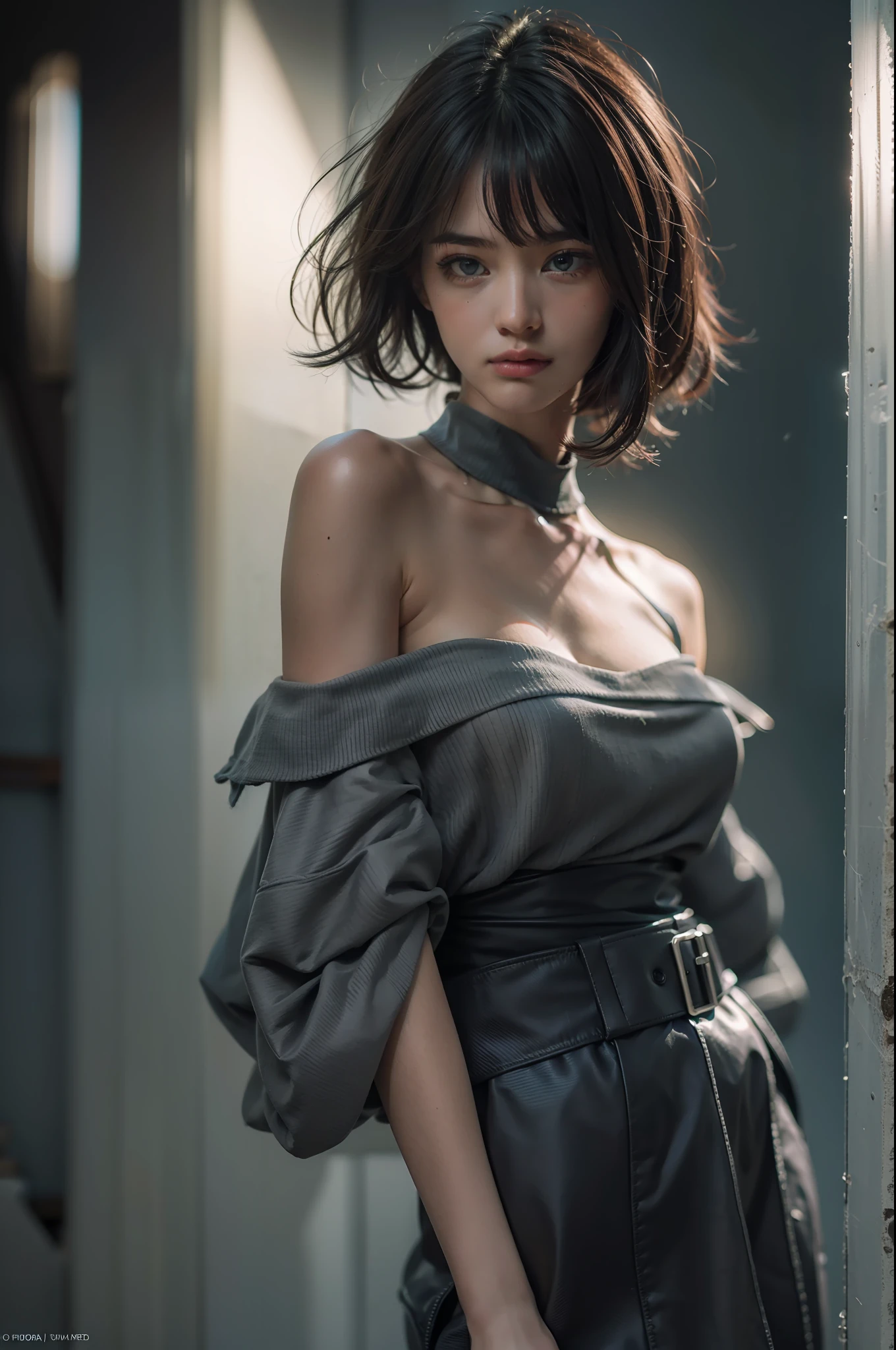 Best quality, masterpiece, ultra high res, (photorealistic:1.5), raw photo, 1girl, offshoulder, in the dark, deep shadow, low key, cold light, sexy look, short hair