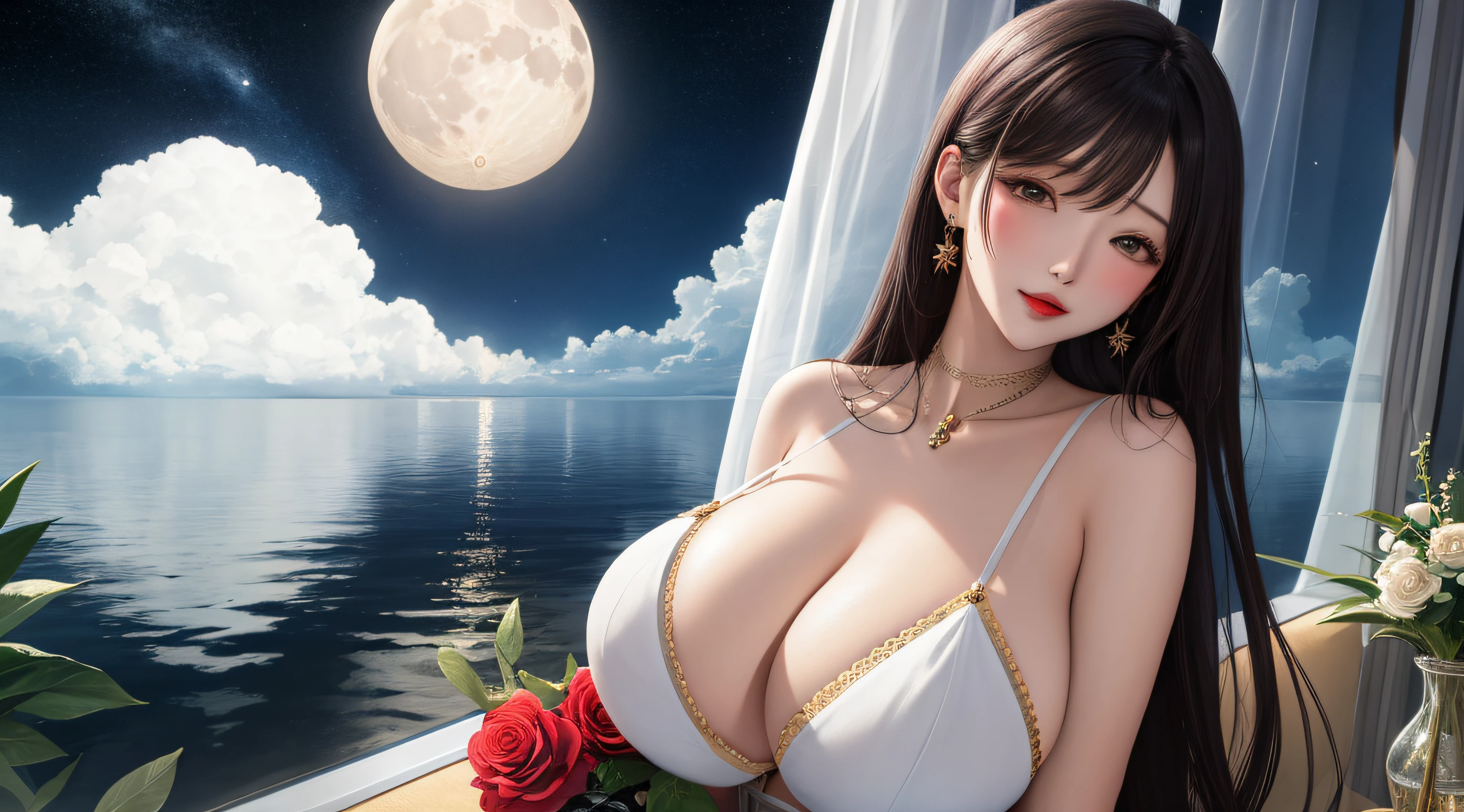 （（best qualtiy））， （（tmasterpiece）） themoon， god of moon， goddes， florals，nakeness，1girll，huge tit，Breast patches
