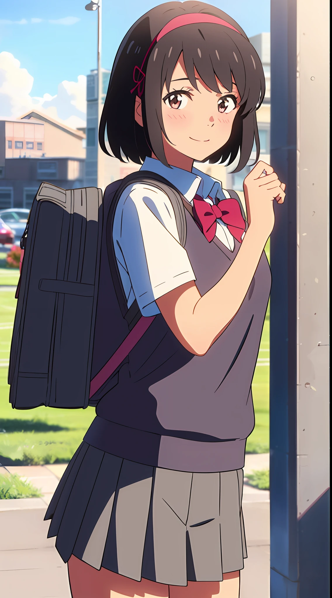shinkai makoto, kimi no na wa., 1girl, bangs, black hair, blush, brown eyes, sky, cloud, collared shirt, looking at the viewer, outdoors, red headband, red ribbon, red bow, school uniform, short hair, smile, solo, white shirt, pink sweater vest, pink vest, grey skirt, short sleeves, school backpack