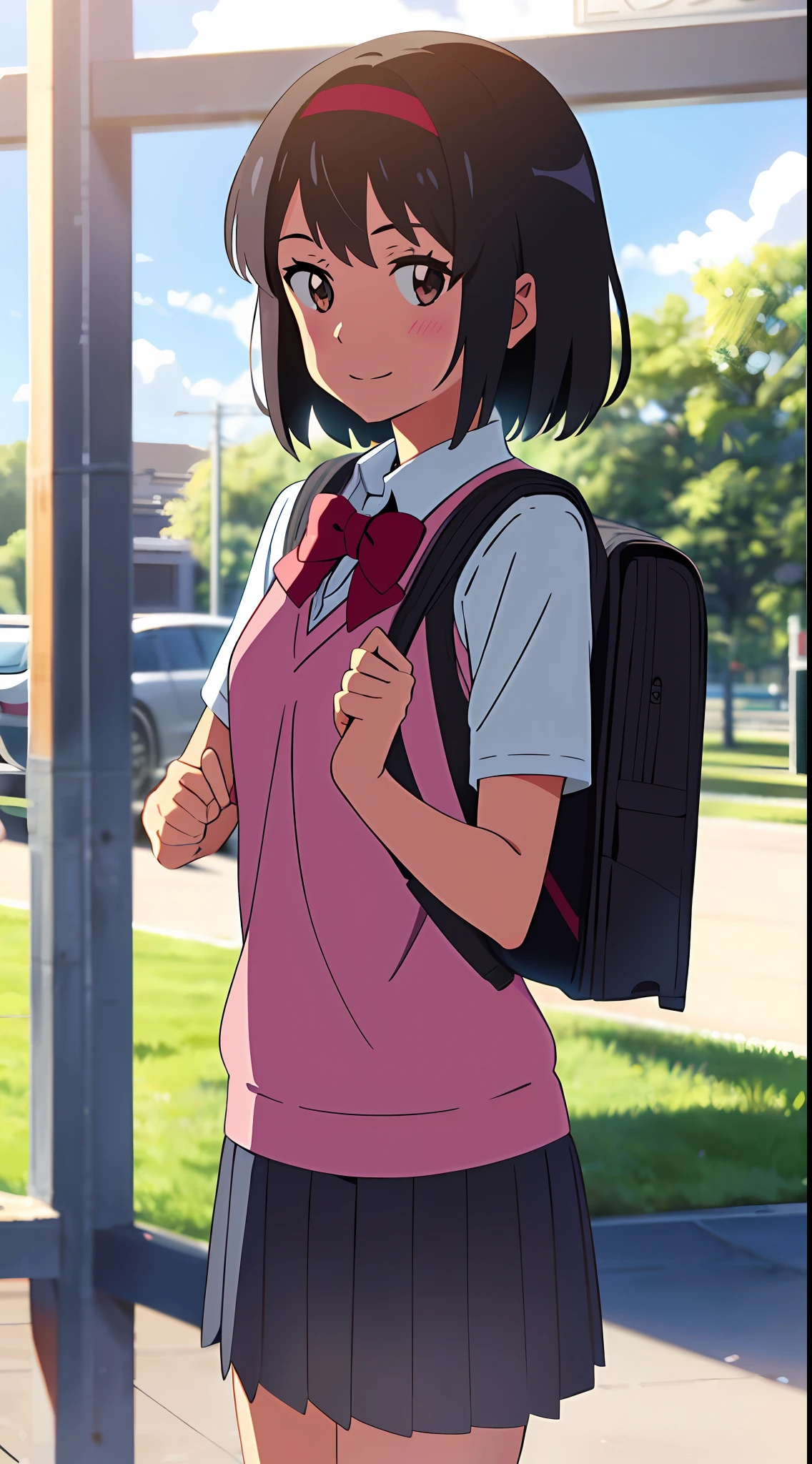 shinkai makoto, kimi no na wa., 1girl, bangs, black hair, blush, brown eyes, sky, cloud, collared shirt, looking at the viewer, outdoors, red headband, red ribbon, red bow, school uniform, short hair, smile, solo, white shirt, pink sweater vest, pink vest, grey skirt, short sleeves, school backpack