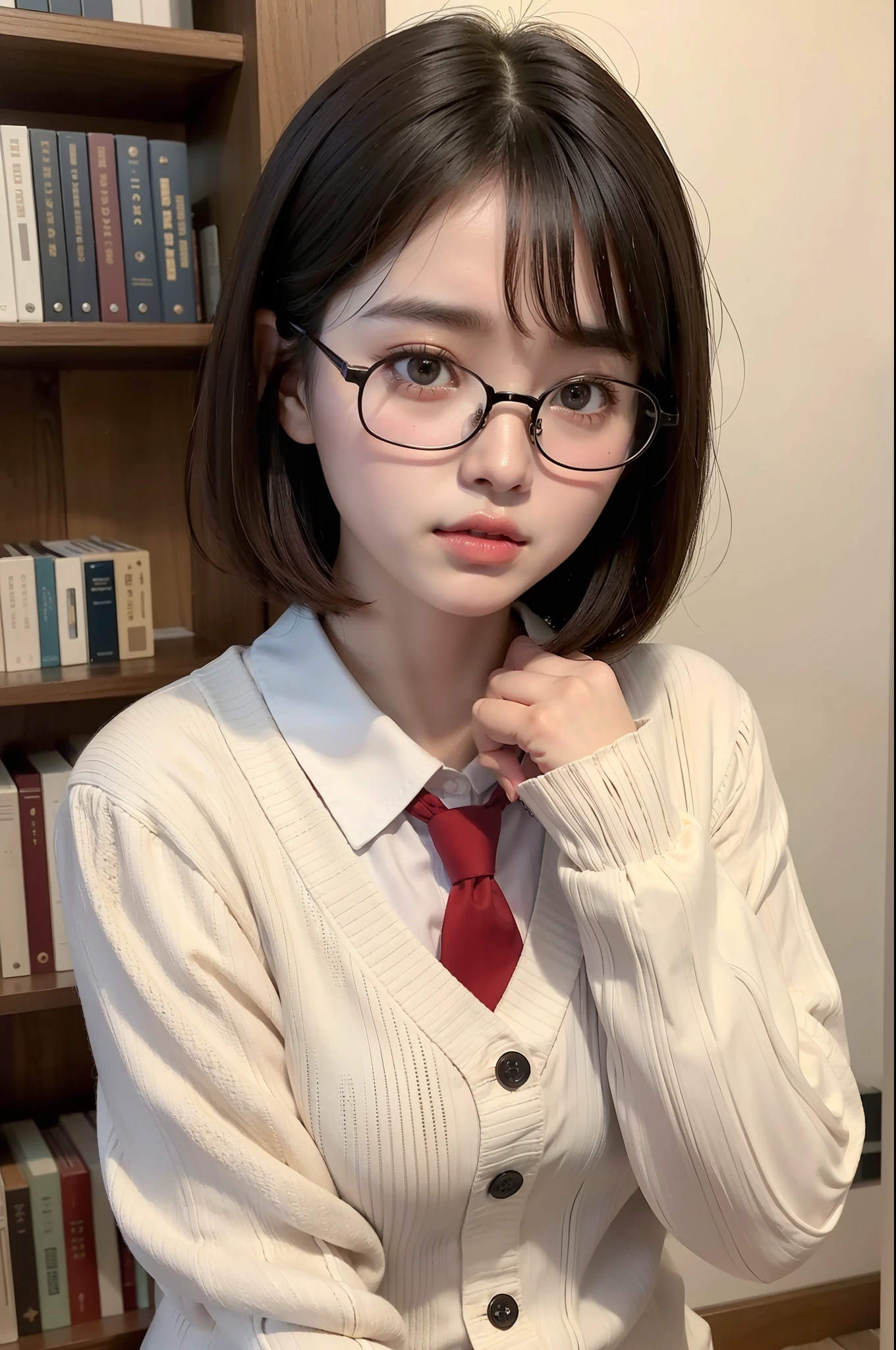 Photo Real、photoRealstic　Dark hair、Short hair、Curled Hair、bangss　drooing eyes、with round face、The contours of the face are round、Plump cheeks、small mouth　eye glasses、Round glasses、Big glasses、Black-rimmed glasses、校服、White shirt、Red tie、Beige cardigan、Red skirt　hi-school girl、sixteen years old、Soft thighs　Faces close、Face Close-up、Staring at this、Use your whole hands to cover your chest、Leaning against the bookshelf、Blushing　Background with、bookcase、Timber wall、wood floor、Dark place