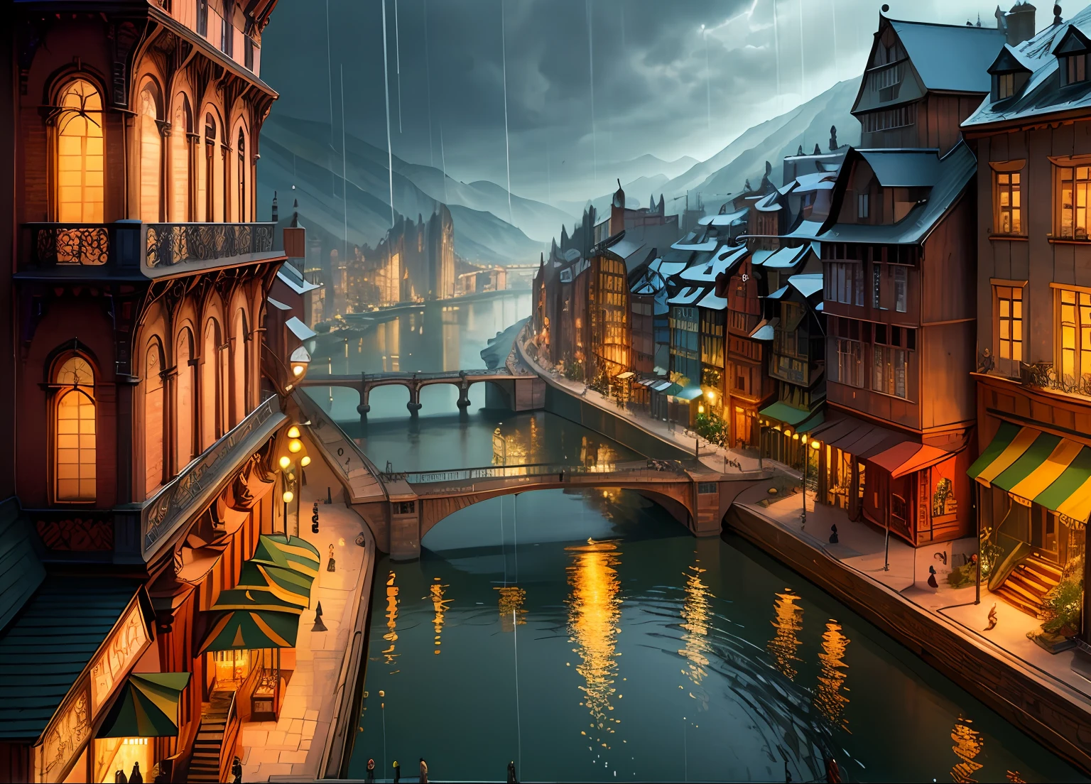 ((masterpiece)),((best quality)),((high detial)),((realistic,)) Industrial age city, deep canyons in the middle, architectural streets, bazaars, Bridges, rainy days, steampunk, European architecture