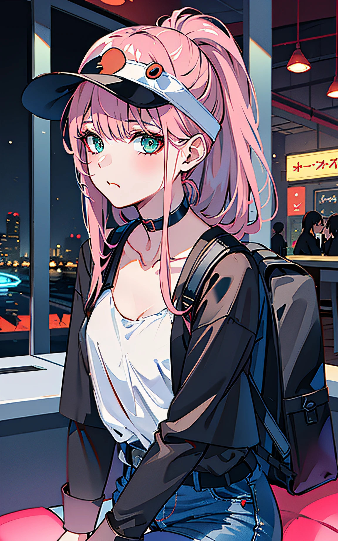 Zerotwo \(darling on franxx\), darling on franxx, 1girll, Closed mouth, bangs, Black cap, bite, eye shadows, Green eyes, hair behind head, Horns, Long hair, view the viewer, Big thighs, Makeup, Black shirt, Jeans, Black choker, Black backpack,Pink hair, Red eyeshadow, Science fiction, taut skin, Solo, Sea, Sky blue