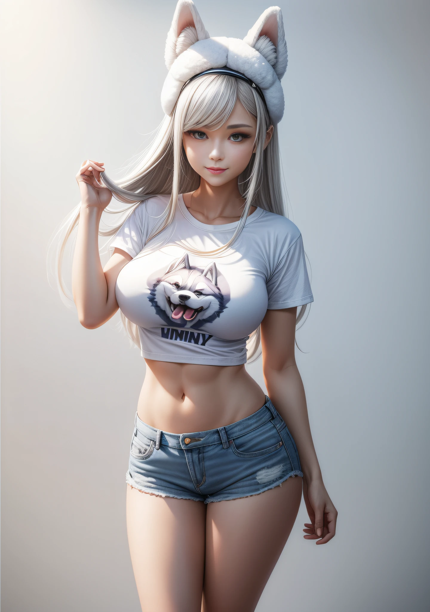 White gradient background,(in a panoramic view:1.2,full bodyesbian:1.2),1个Giant Breast Girl,anatomy correct,(denim short,Long red loose T-shirt:1.6),(smallunderboob:1.4),Husky dog headdress,long whitr hair,ssmile,(The clothes are printed with a husky dog motif:1.6),White shoes,perfectly proportions,extremelydetailedface,(Best quality at best,high detal,tmasterpiece,offcial art,movie light effect,4K)