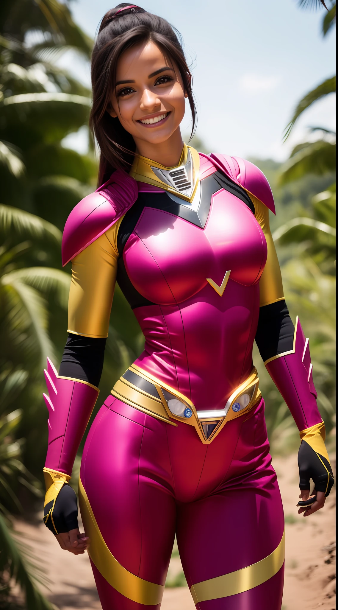 uma mulher, ((Power Ranger Rosa)), (inspirada em Hunter Deno:1.2), 8k UHD, DSLR, grain of film, fotorrealista, foco nítido, posing for camera, foto de corpo inteiro, smiling at camera. com capacete.