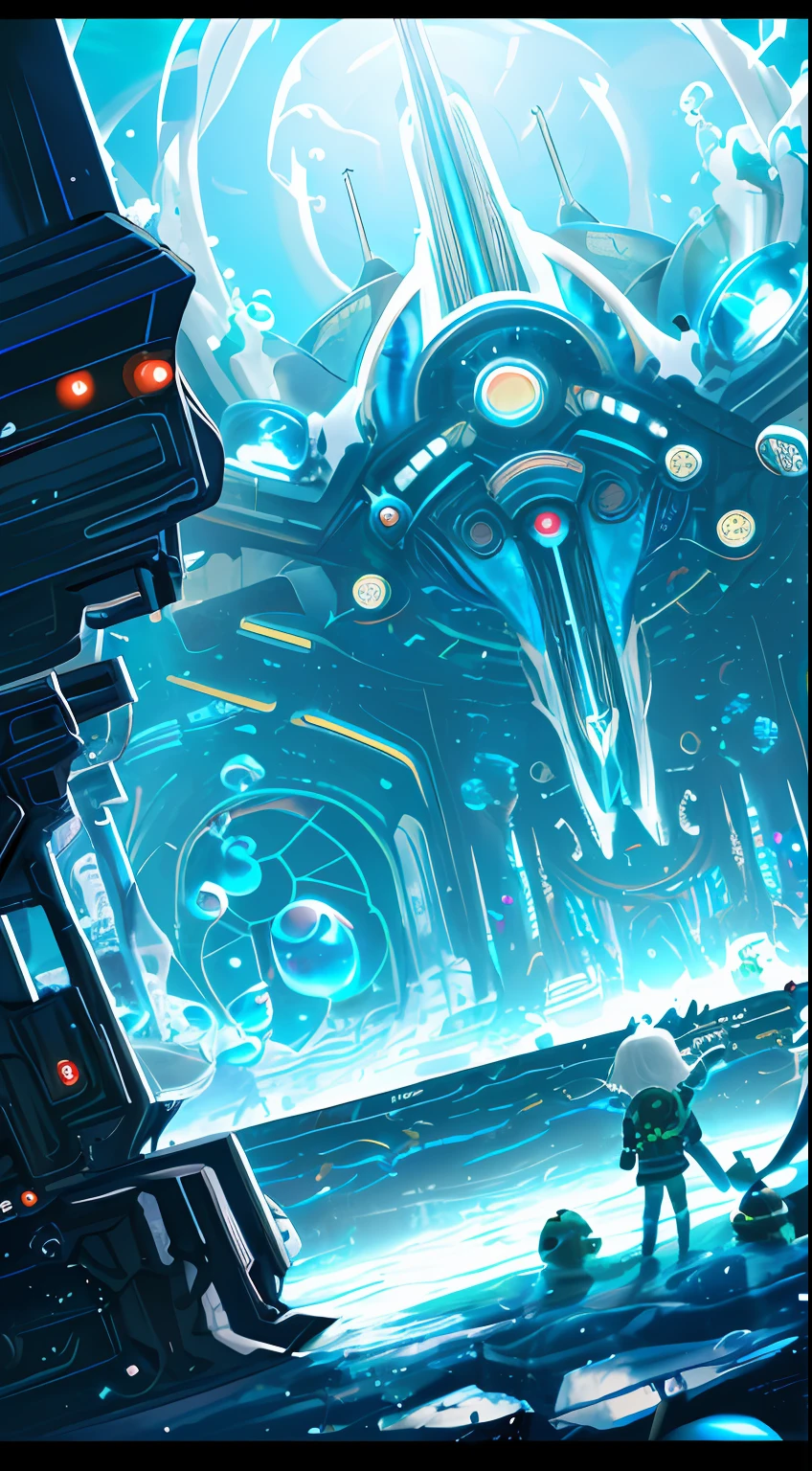 The best quality, the best photos, the details, futuristic world on the horizontal line and the ((underwater world)) below the horizontal line, mirror symmetrical division, magic perspective, strong contrast, geometric shapes, cyberpunk creatures, steel, (Bubbles from water bubbles), lights flickering on a dark background. -- v 6