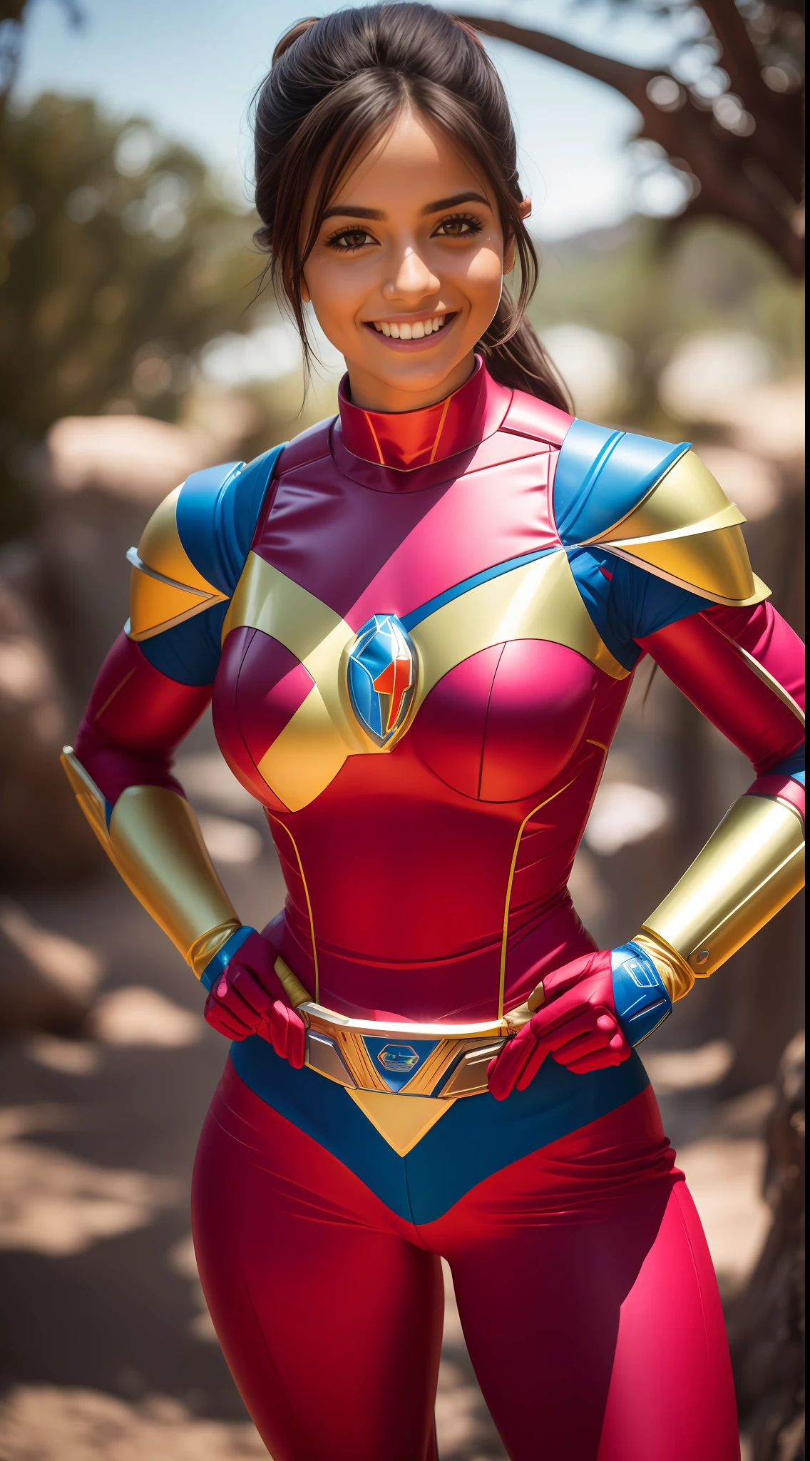 uma mulher, ((Power Ranger Rosa)), (inspirada em Hunter Deno:1.2), 8k UHD, DSLR, grain of film, fotorrealista, foco nítido, posing for camera, foto de corpo inteiro, smiling at camera. com capacete.