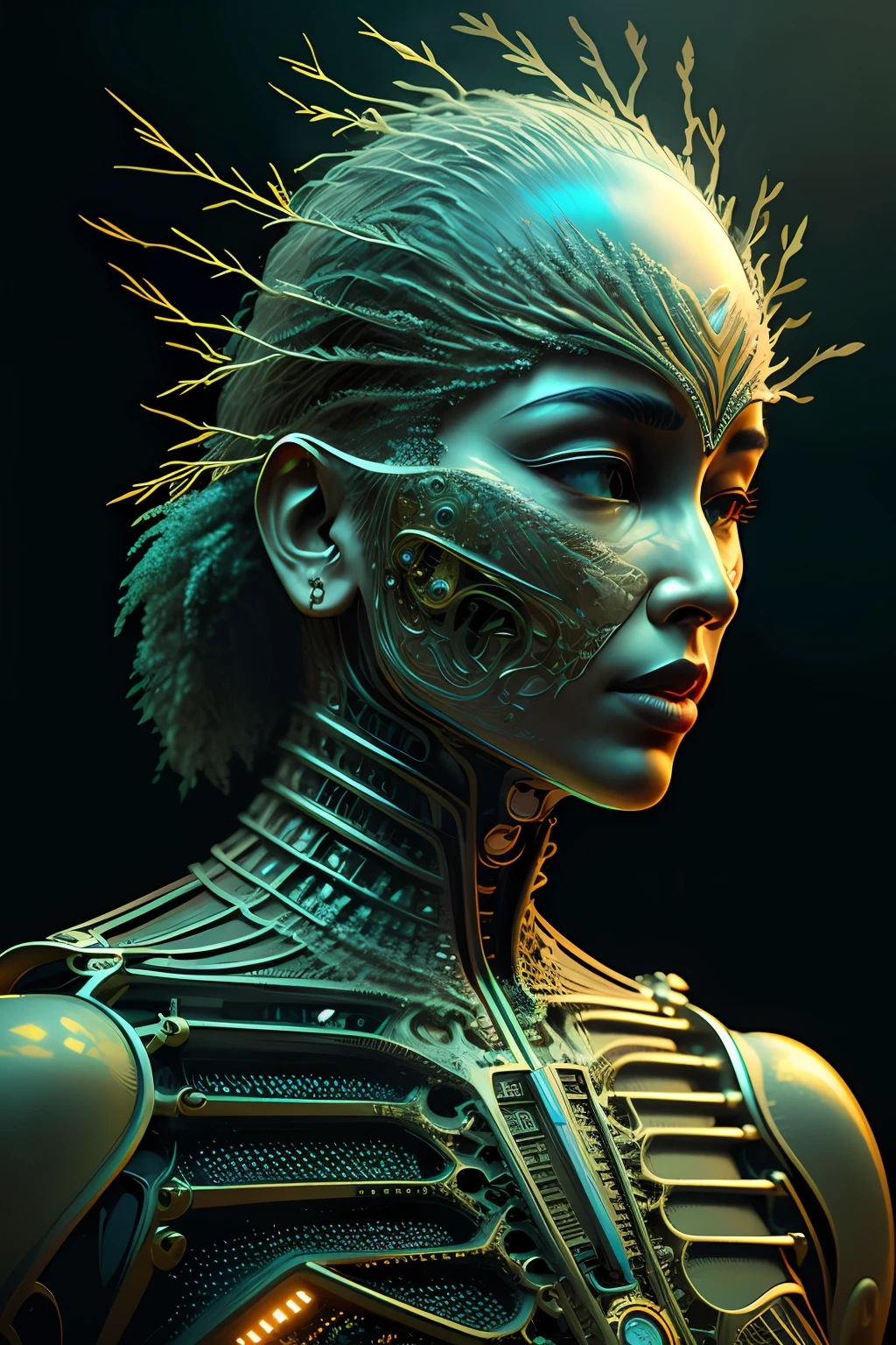 beautiful asian female future soldier, grungy and edgy, ((((low contrast)))) ,rifstyle masterpiece, (best quality), (ultra-detailed), (ultra-realistic:1.2), landscape, sci-fi, transistorpunk, cyberpunk, biopunk, ((future forest)), neon