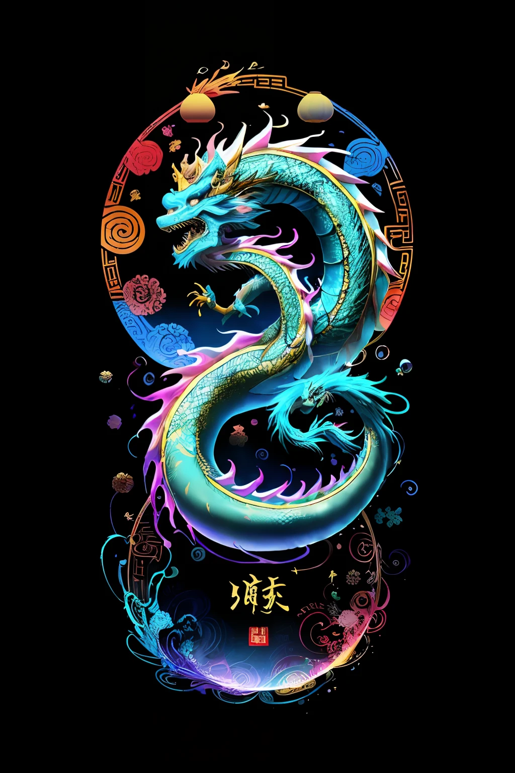 in the style of 0mib,Cute Chinese dragon,Prismatic fragments,Reflect fractal circles,Chinese pattern,ink spatter,Melted brushstrokes,particles vortex,dramatic lighting,high high quality,big breasts beautiful,tmasterpiece