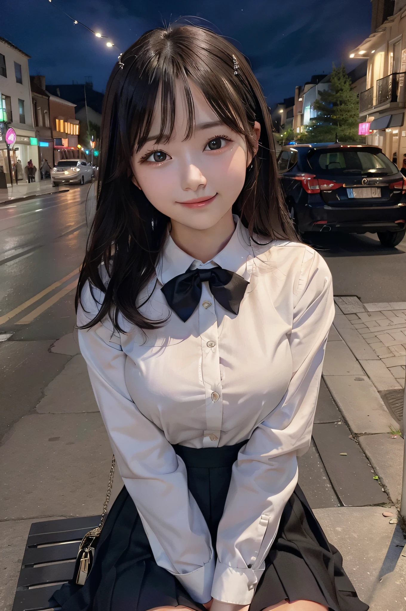 There is a woman who is on the street with a purse, petting white cat, Ulzzang, (8k, RAW photo, best quality, masterpiece: 1.2), (realistic, photo-realistic: 1.37), ultra-detailed, 1 girl, cute, solo, beautiful detailed sky, detailed coffee, night, sitting, dating, (flushed nose), (smile: 1.1), (closed mouth), medium breasts, beautiful detailed eyes, (collared shirt: 1.1), bow tie, pleated skirt,