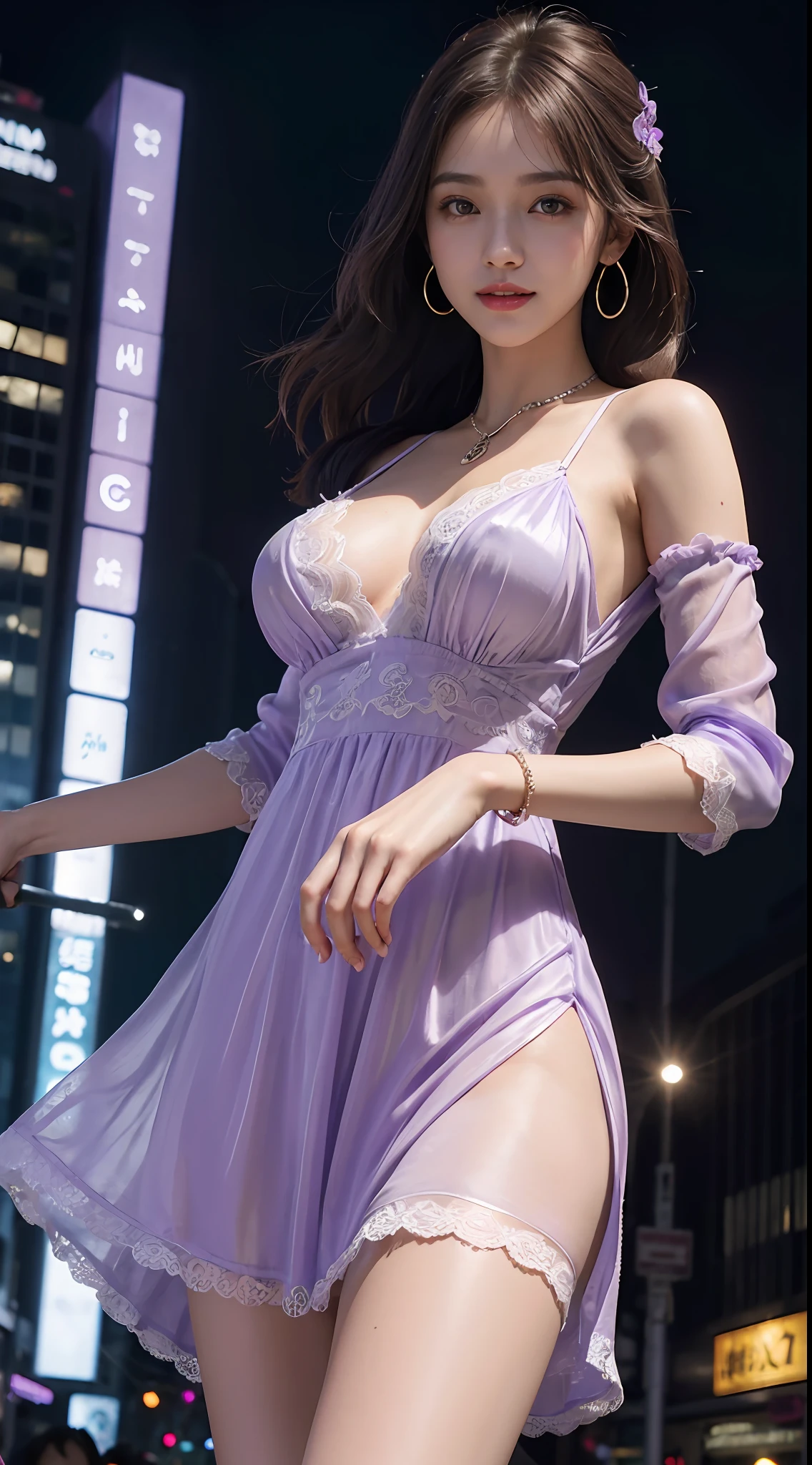 8k, masterpiece, RAW photo, best quality, photorealistic, extremely detailed CG unity 8k wallpaper, Depth of field, Cinematic Light, Lens Flare, Ray tracing, (extremely beautiful face, beautiful lips, beautiful eyes), intricate detail face, ((ultra detailed skin)) 1girl, in the dark, deep shadow, pretty korean girl, kpop idol,(very slim slender fit-muscled body:1.3), ((looking at viewer)),(big smile:1.3), (tight mini dress), (shot sleeve) , (fashion city night, (neon sign), (big building), fashion street night),(no people), (without people in the background:1.3), pretty korean girl, white diamond earrings, dia bracelets, dia necklace, pantyhose, clear eyes, walking , front shot, (pale skin), face forward, (big eyes), ((upper body shot)), ((silk Laced)), ((lavender color dress:1.3)), (brown hairs) (looking at viewer:1.3), (see through), (laced panty), open breast, (very slim, long legs, medium breasts), have a sheen , updo hairs