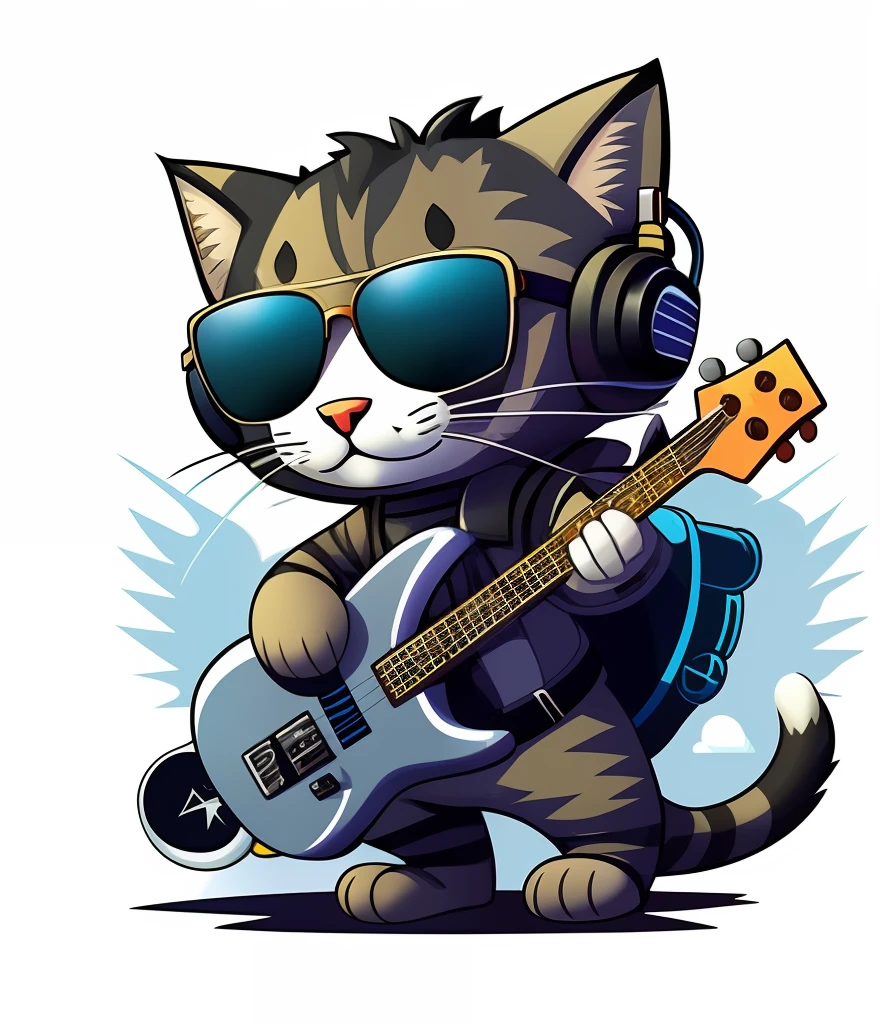 cartoon cat playing guitar and wearing sunglasses and headphones, telegram sticker, rocking out, telegram sticker design, cybercat, sticker of a rock band, bassist, neko, catss, guitarist, he is a rockstar, jamming to music, elokitty, !!! cat!!!, cat with lute, tabaxi, !!!! cat!!!!, awesome cat, zabrocki