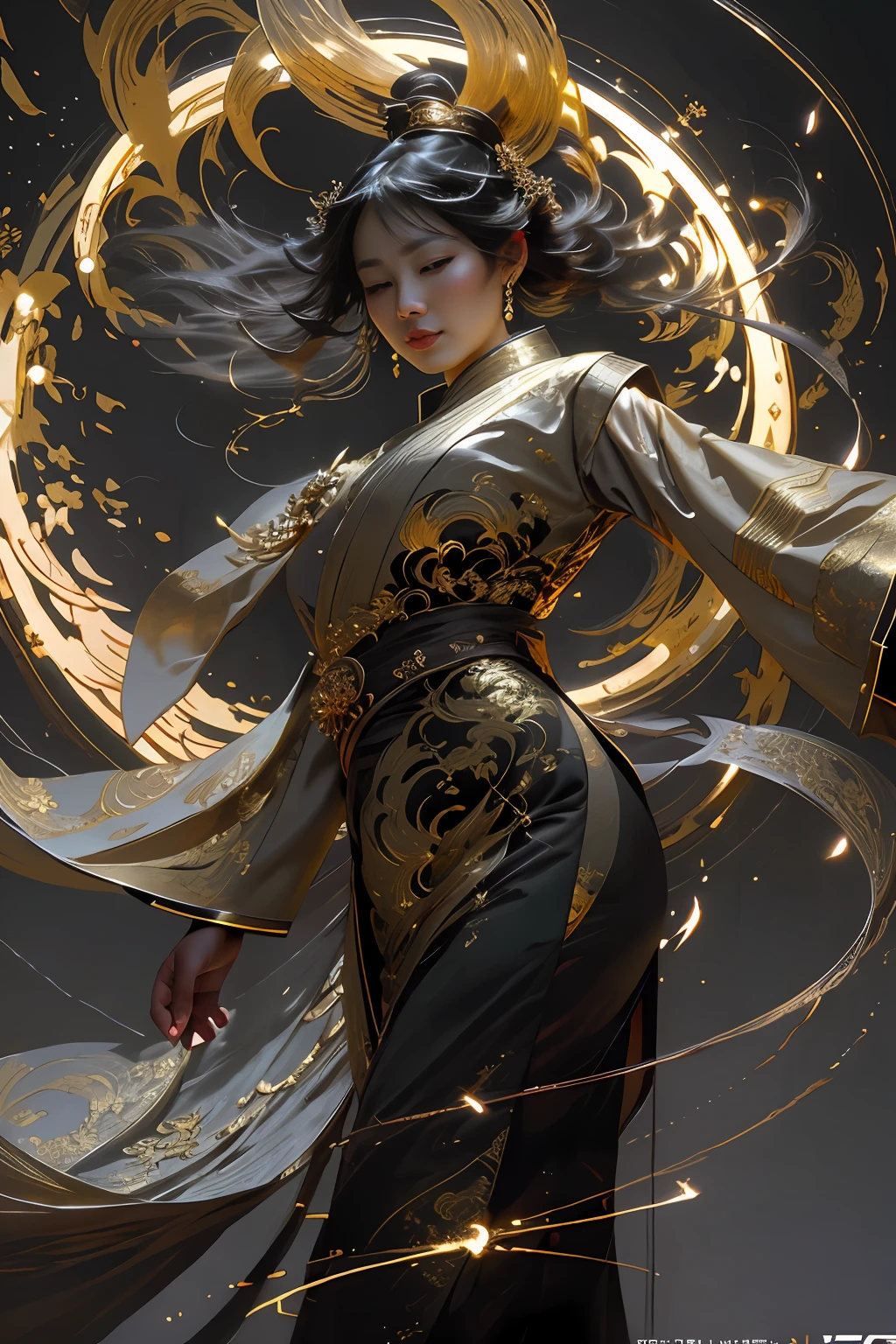 Wearing a black and gold dress,Arad woman wearing a gold ring, wlop and ross thran, ross tran and wlop, by Yang J, Ross Tran 8 K, chengwei pan on artstation, Inspired by Feng Zhu, inspired by Wu Li, Inspired by Fenghua Zhong, ross tran and bayard wu, Rosla global lighting