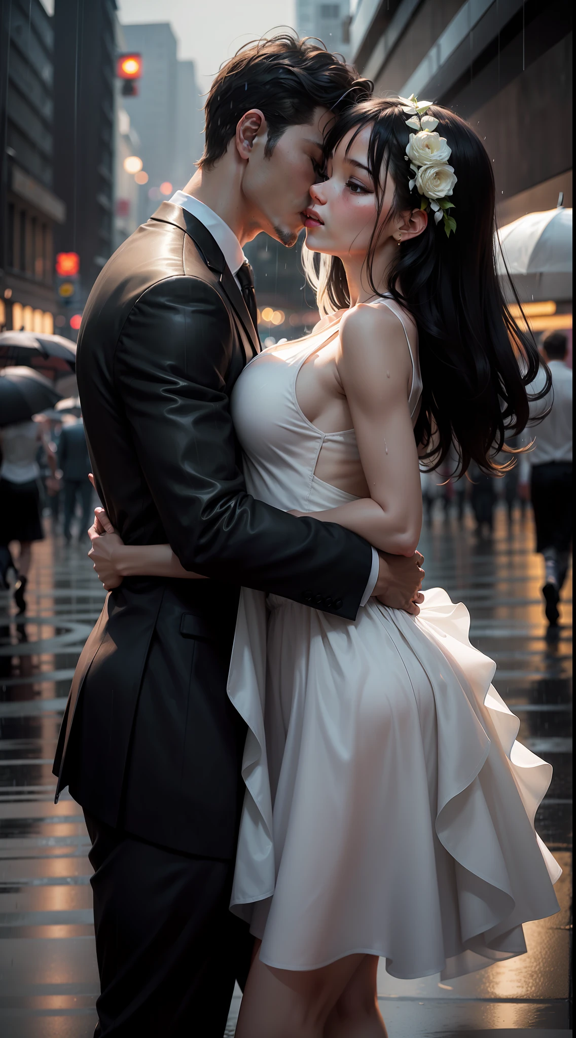 Wide shot of a couple dancing in the rain hand on her waist, getting wet in the rain, the girl is wearing a long open sleeveless dress one of the offenders, the man is wearing a black and white suit.