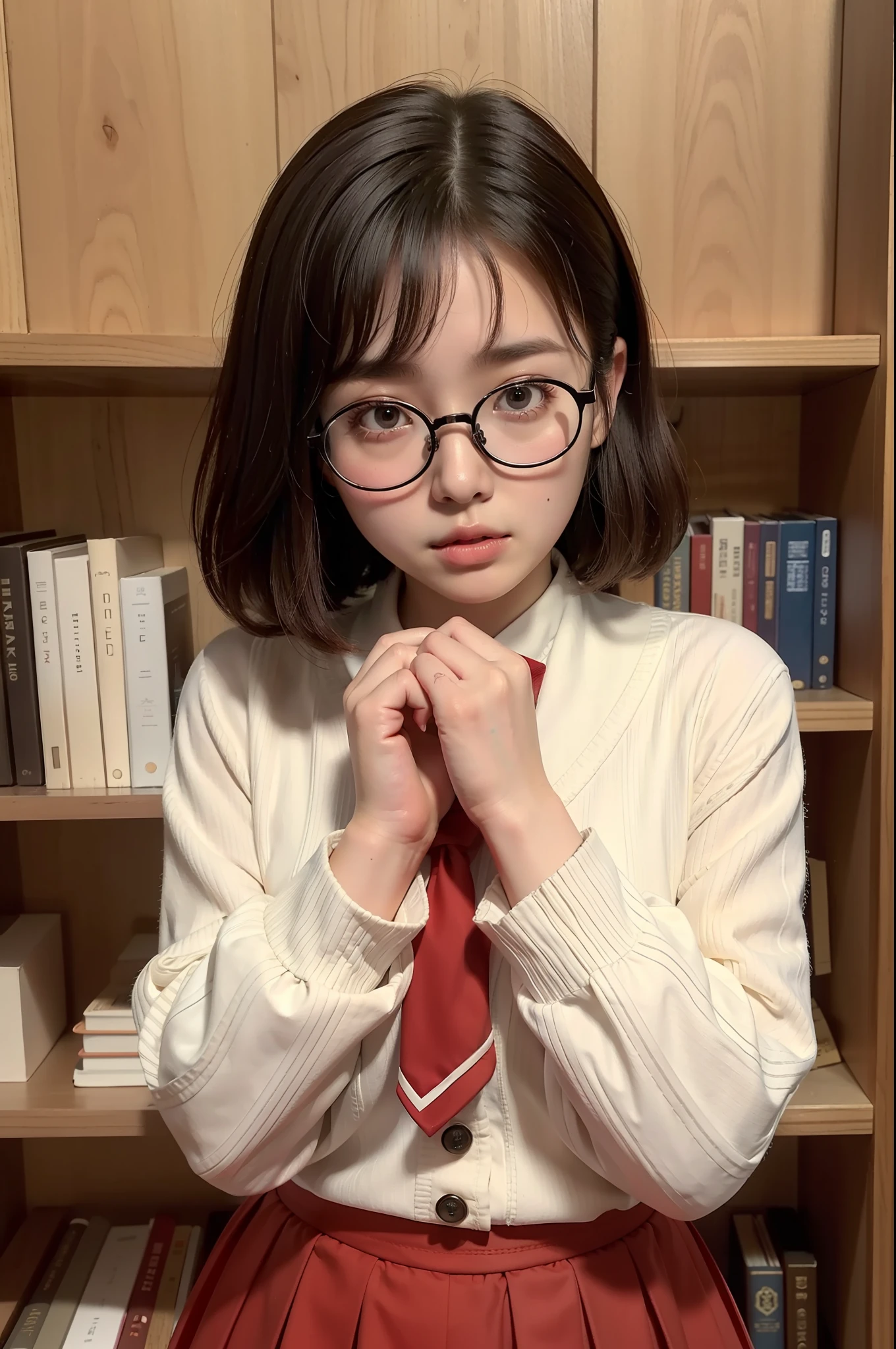 Photo Real、photoRealstic　Dark hair、Short hair、Curled Hair、bangss　drooing eyes、with round face、The contours of the face are round、Plump cheeks、small mouth　eye glasses、Round glasses、Big glasses、Black-rimmed glasses、校服、White shirt、Red tie、Beige cardigan、Red skirt　hi-school girl、sixteen years old、Soft thighs　Faces close、Face Close-up、Staring at this、Use the palm of one hand evenly to grasp it so that it covers your chest.。Leaning against the bookshelf、Blushing　Background with、bookcase、Timber wall、wood floor、Dark place