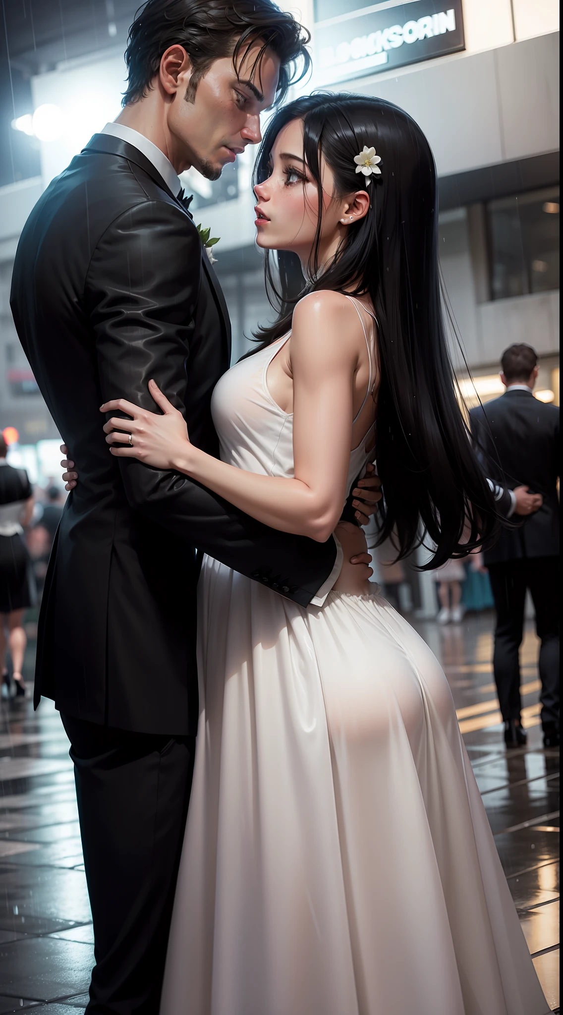 Wide shot of a couple dancing in the rain hand on her waist, getting wet in the rain, the girl is wearing a long open sleeveless dress one of the offenders, the man is wearing a black and white suit.