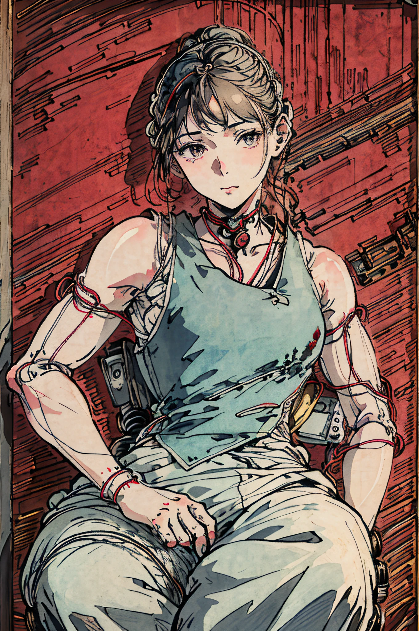 traditional Chinese ink painting,(((masterpiece))), (((best quality))), ((ultra-detailed)), (highly detailed CG illustration), ((an extremely delicate and beautiful)),(cute delicate face),cinematic light,((1mechanical girl)),solo,full body,(machine made joints:1.4),((machanical limbs)),(blood vessels connected to tubes),((mechanical vertebra attaching to back)),((mechanical cervial attaching to neck)),((sitting)),expressionless,(wires and cables attaching to head and body:1.5),(character focus),science fiction