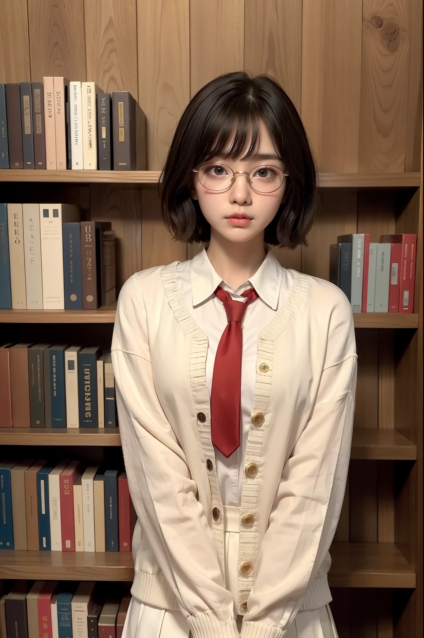 Photo Real、photoRealstic Dark hair、Short hair、Curled Hair、bangss drooing eyes、with round face、The contours of the face are round、Plump cheeks、small mouth eye glasses、Round glasses、Big glasses、Black-rimmed glasses、校服、White shirt、Red tie、Beige cardigan、Red skirt hi-school girl、sixteen years old、Soft thighs Faces close、Face Close-up、Staring at this、Use the palm of one hand evenly to grasp it so that it covers your chest.。Leaning against the bookshelf、Blushing Background with、bookcase、Timber wall、wood floor、Dark place