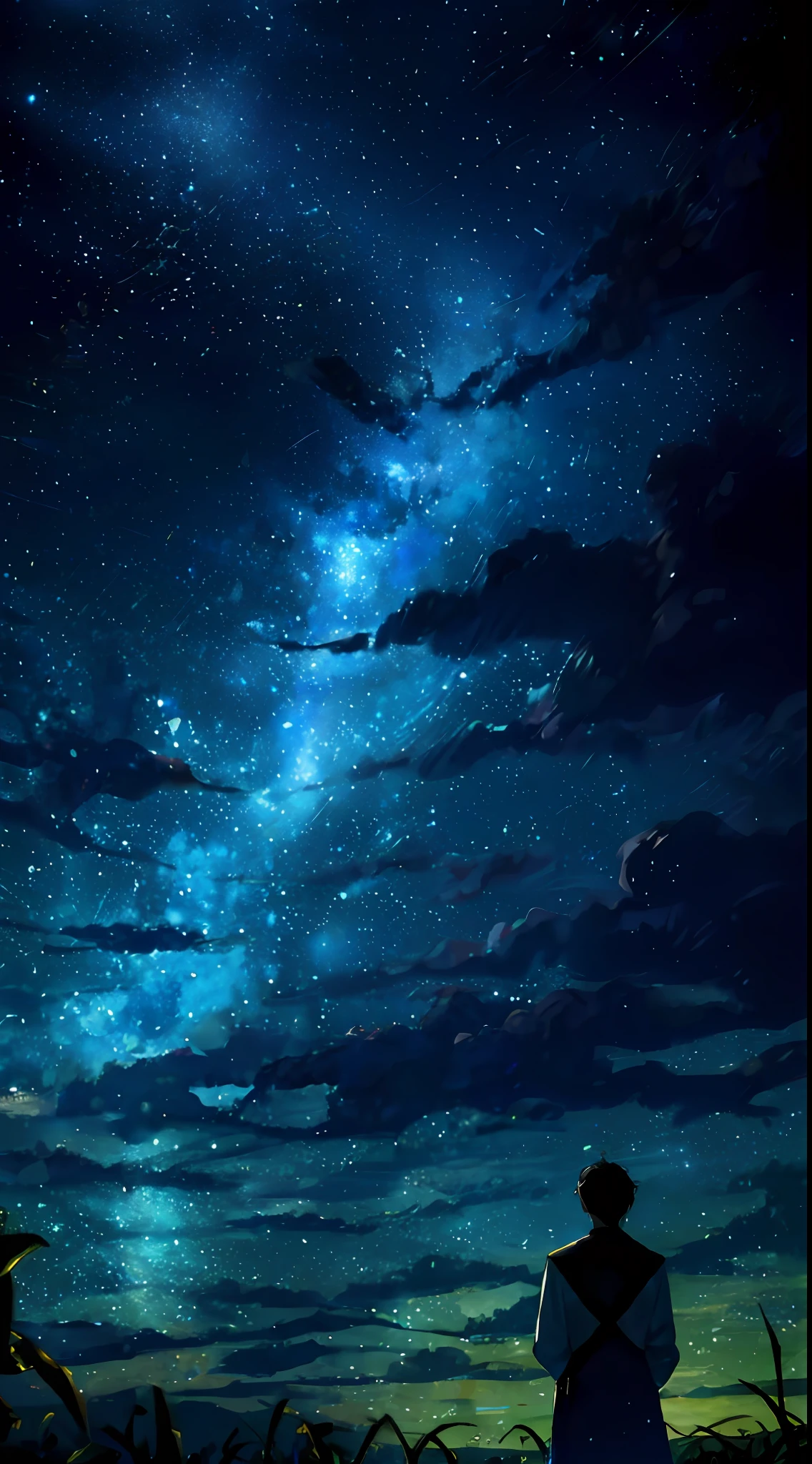 独奏,A young man gazed at the stars in the distance,(zoomout:1.1),(meteor shower:1.2),(comets:1.1),Your name,low angles,From behind,meteors,SakuraNS,standing in a field,Best quality at best,tmasterpiece,clouds,stars,Colored luminous dots,Starry,As estrelas