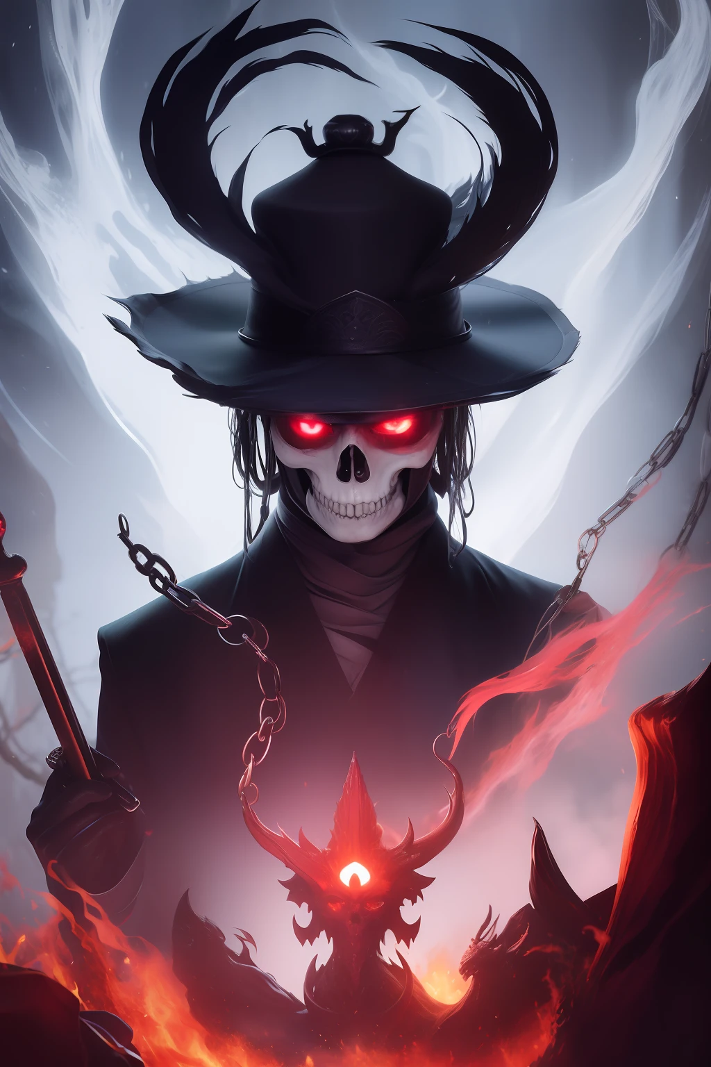 This is a man in a black hat,The robed messenger of the underworld。It is red-faced,It is surrounded by white fog。The messenger held a black iron-bone staff,With an anthropomorphic skull。It has eyes like electricity,Stare at the living person in front of you through the black hat。This messenger from Huangquan,He was the judge in charge of the book of life and death in Emperor Yin Cao's mansion,The wandering world，Reap the souls of the dead。It stepped on a small boat,Several long chains were attached to the stern,At the end of the chain are several screaming ghosts。This evil ghost from the county,The aim is to drag sinners into hell,Let them suffer forever。He is the most terrifying soul hunter in the netherworld