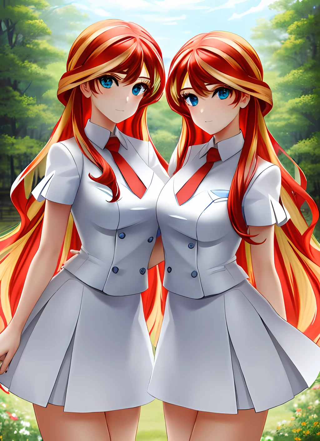 ((best quality)), ((highly detailed)), masterpiece, (detailed eyes, deep eyes), (2girls, duo, identical twins, clones, doppelganger), cowboy shot, SunsetHuman, (multicolored hair, (two-tone hair:1.1), red and blonde hair), BREAK, aqua eyes, white skirt suit, white pencil skirt, white tight skirt, bare legs, high heels, same color skirt suits, full body, highly detailed faces, highly detailed bodies