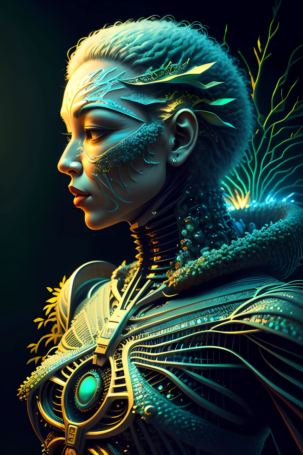 beautiful asian female future soldier, grungy and edgy, ((((low contrast)))) ,rifstyle masterpiece, (best quality), (ultra-detailed), (ultra-realistic:1.2), landscape, sci-fi, transistorpunk, cyberpunk, biopunk, ((future forest)), neon