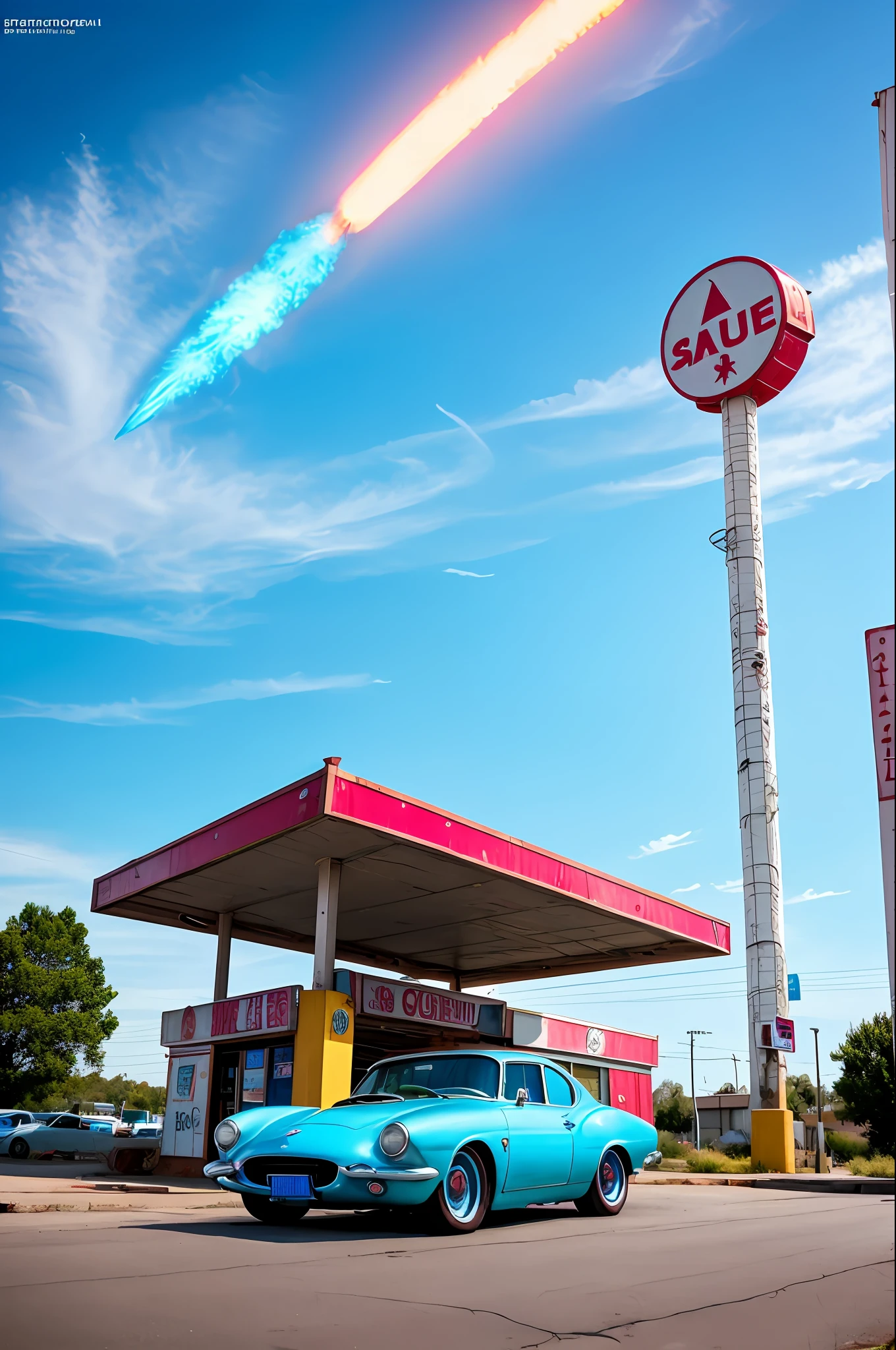 cars around abandoned gas station sign made from a rocket beautiful blue sky Clutter-Home (AtomPunkStyleSD15:1.0), (masterpiece:1.2) (photorealistic:1.2) (bokeh) (best quality) (detailed skin) (intricate) (8k) (HDR) (cinematic lighting) (sharp focus)
