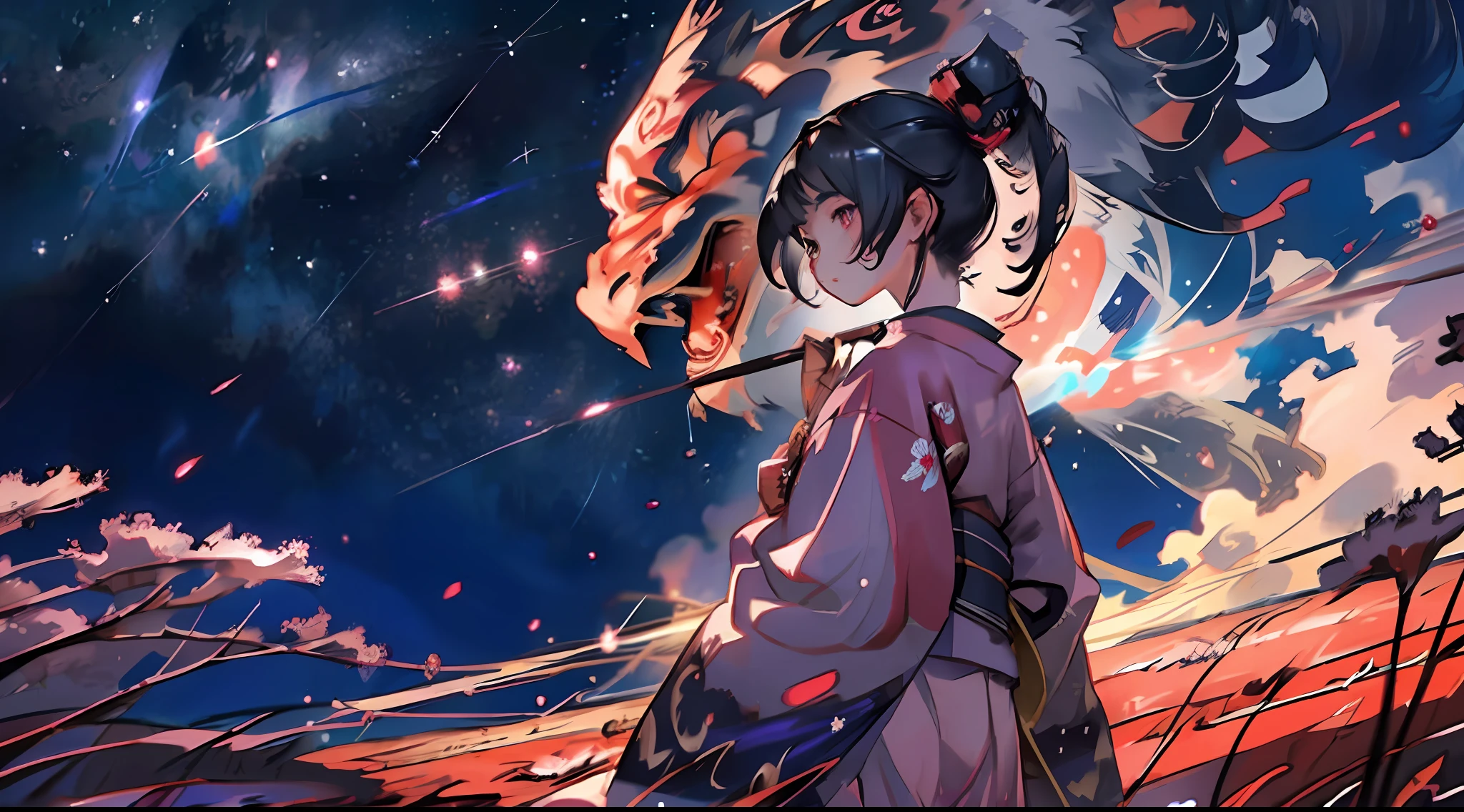 1girl, distant girl wearing a kimono staring at the stars, (zoomed out:1.1), (meteor shower:1.2), (comet:1.1), your name, low angle, from behind, aroura borealis, shooting star, yukata, red kimono, cherry blossoms, standing in a field,best quality, masterpiece,  cloud,colorful, starry,stars,