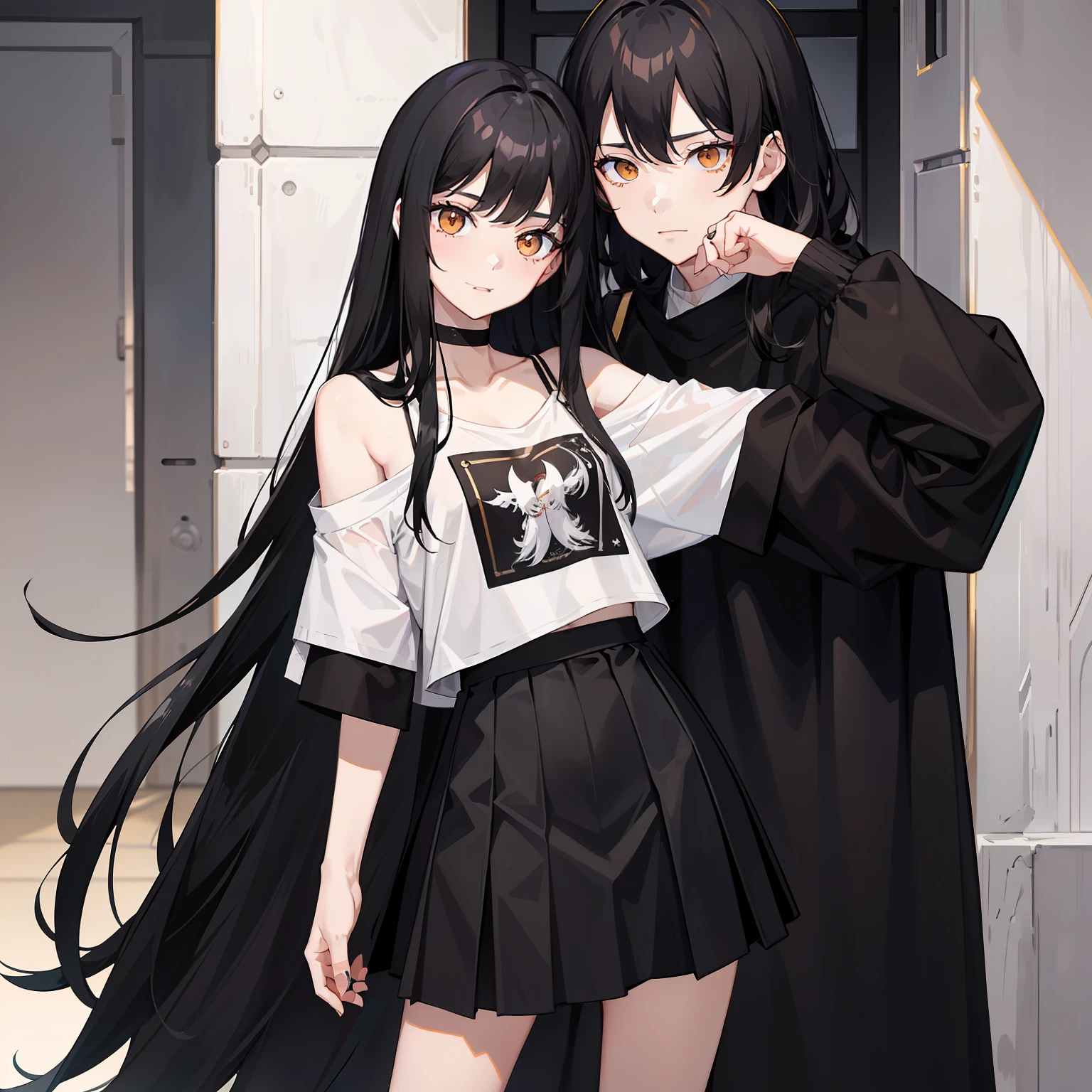 Long black hair that reaches the waist,Pale yellow eyes,The left side of his hair is stuck with a white hair card and he wears a white off-the-shoulder strap T-shirt,The girl in the black pleated skirt smiled and beckoned。